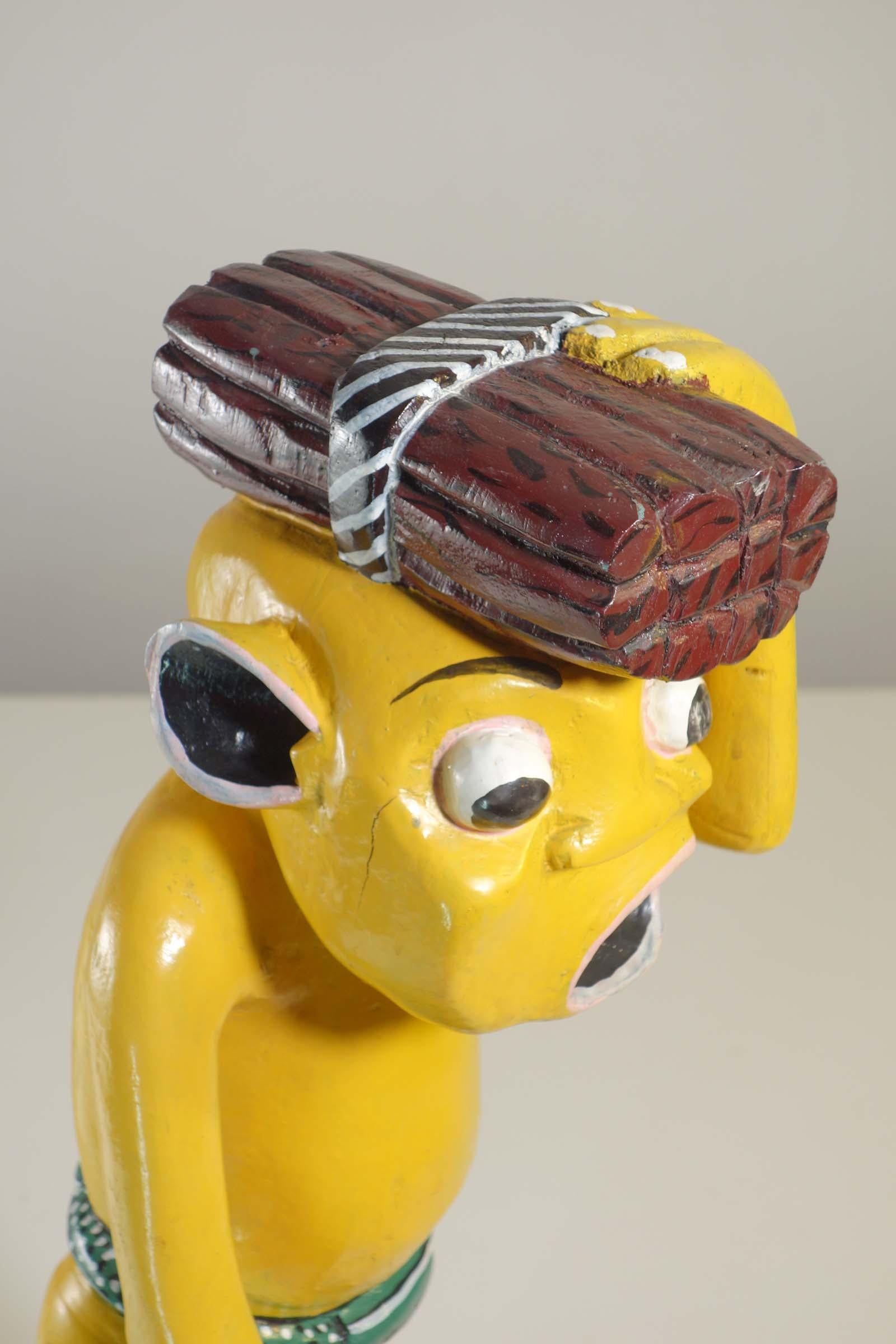 Contemporary George Lilanga African Art Yellow Figure Wood Enamel Sculpture For Sale