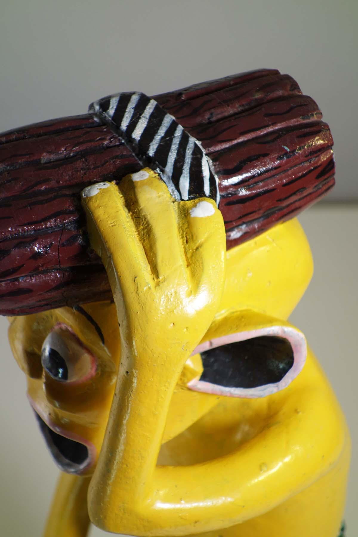 George Lilanga African Art Yellow Figure Wood Enamel Sculpture For Sale 2