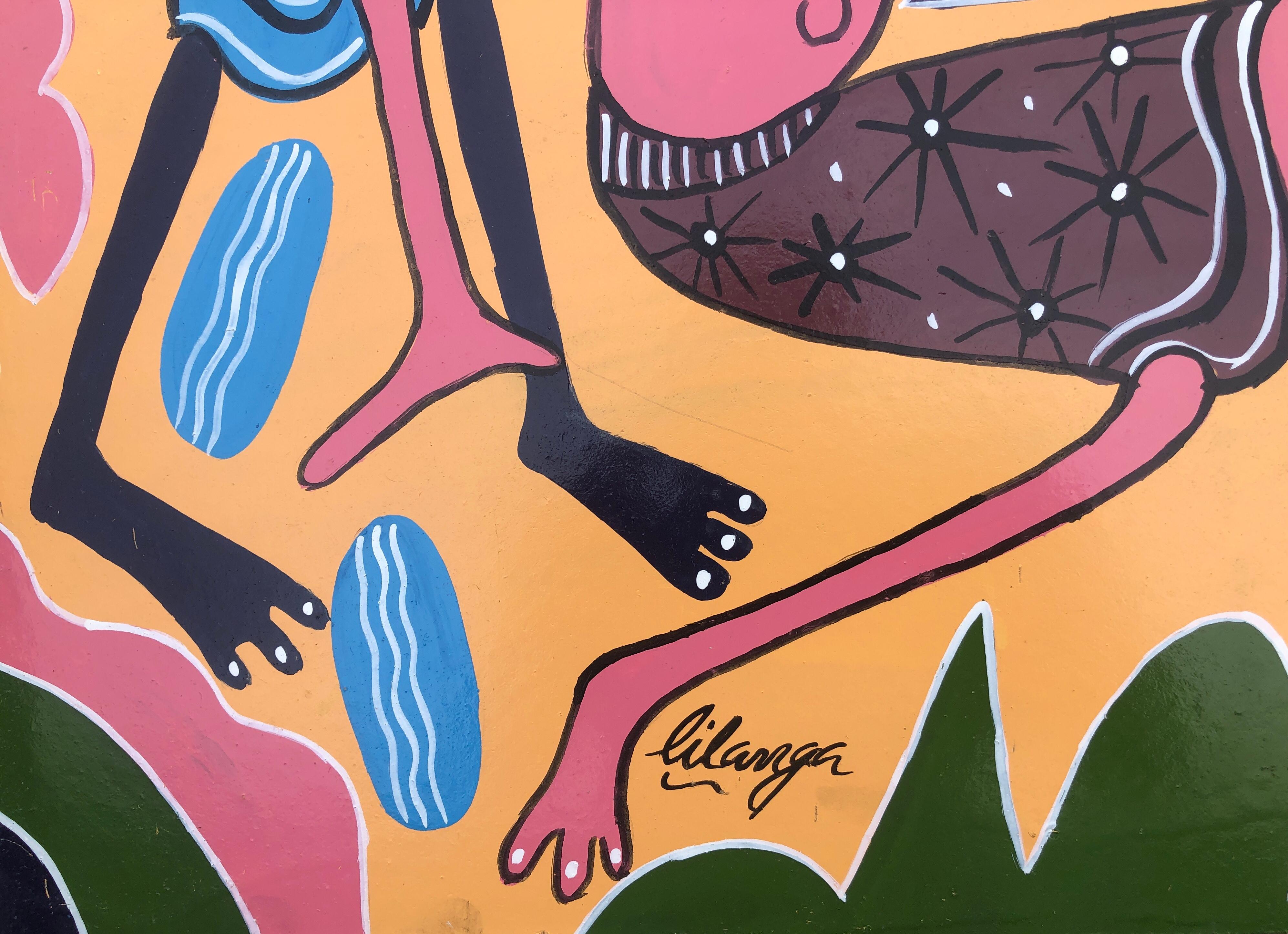 African tribal dance acrylic on board painting Africa - Painting by George Lilanga