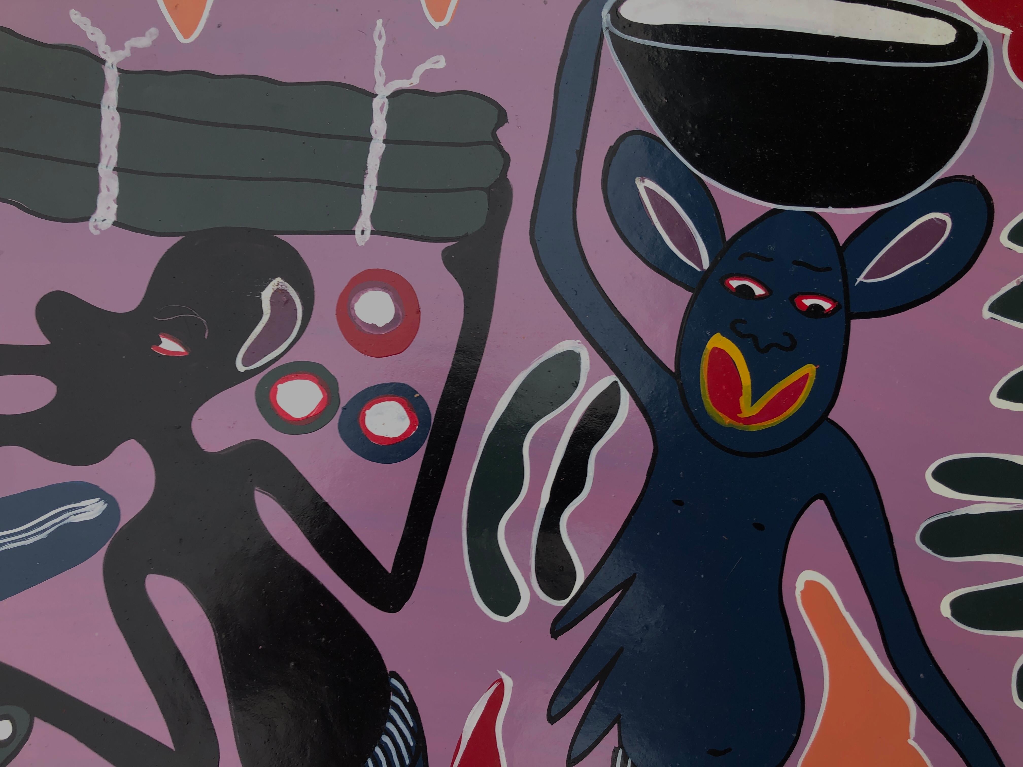 African tribal dance acrylic on board painting - Black Figurative Painting by George Lilanga