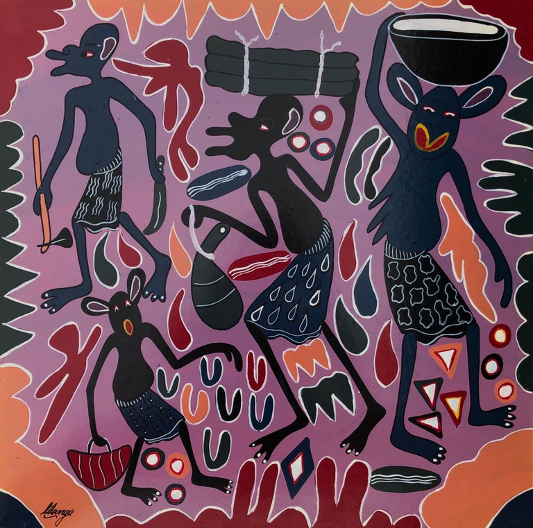 George Lilanga - African Tribal Dance Acrylic on Board Painting