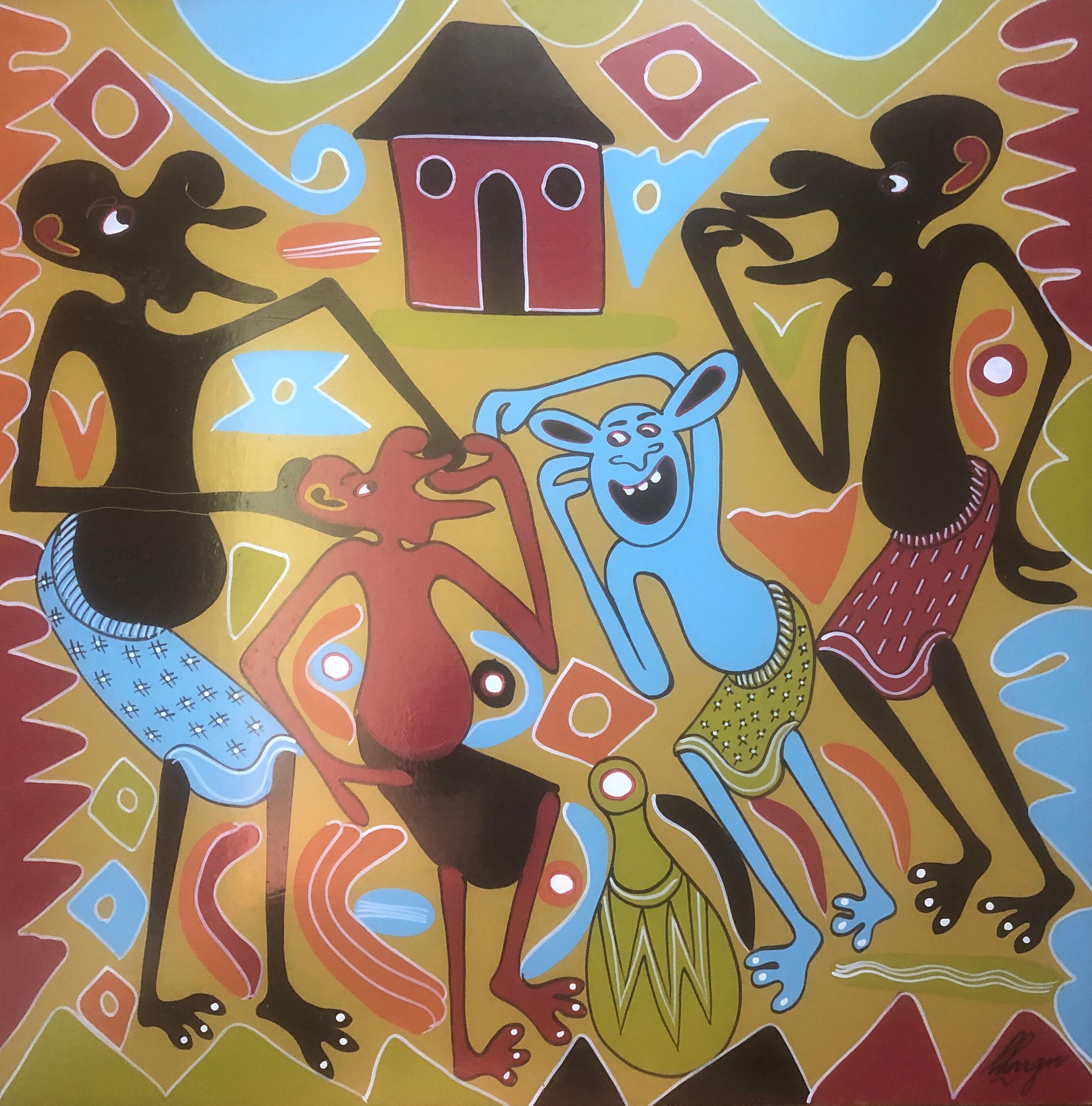 George Lilanga Figurative Painting - African tribal dance acrylic on board painting