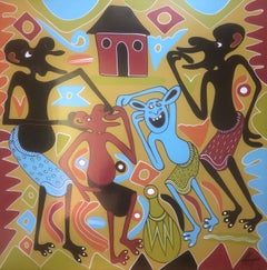 Retro African tribal dance acrylic on board painting