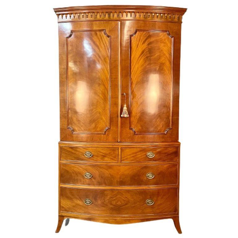 George lll Mahogany Armoire, Wardrobe, Linen Press, Bow Front, Schmieg & Kotzian In Good Condition In Manhasset, NY