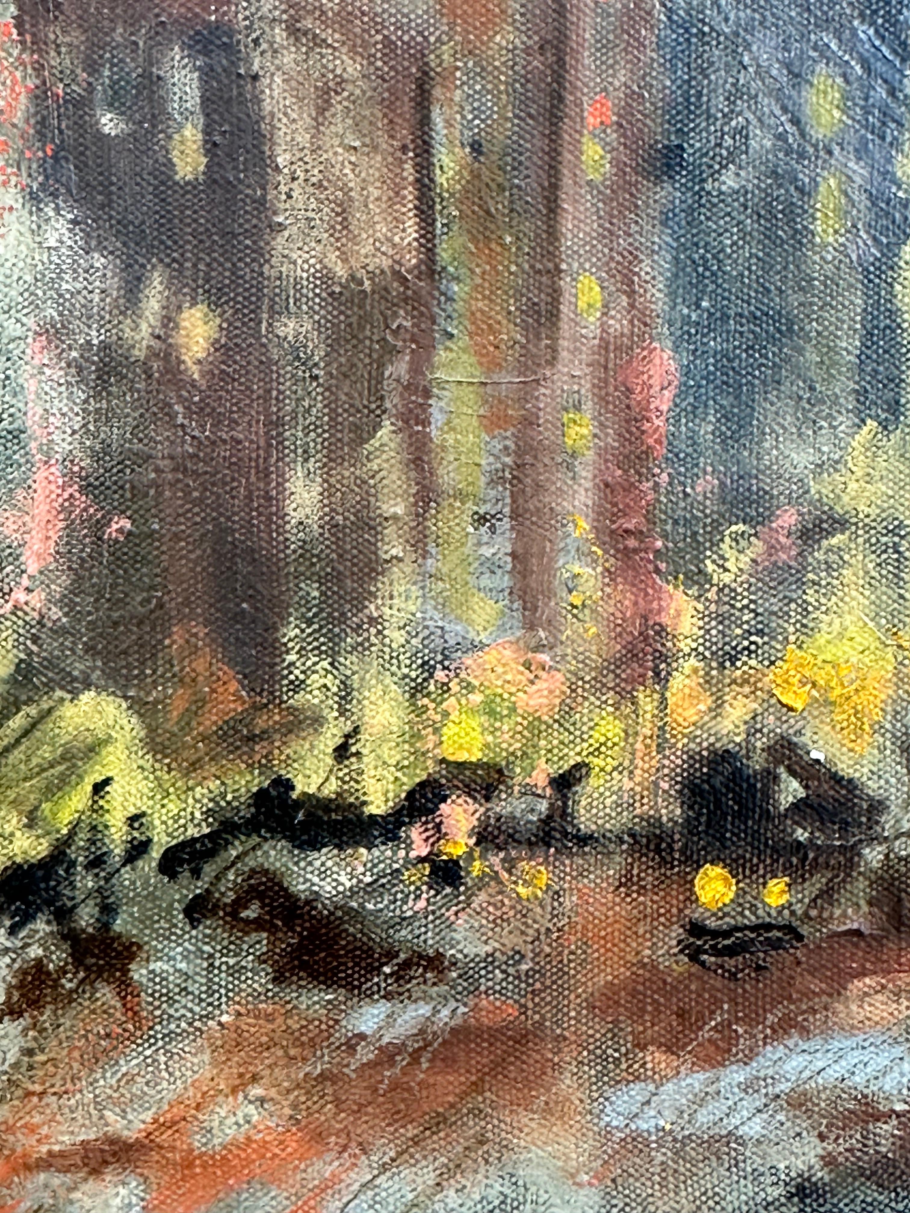 Magnifique peinture de paysage urbain datant de l'époque de l'Ashcan School.

Septième avenue la nuit, vers 1920.

Huile sur toile, 8.75 x 12 pouces.

Une petite réparation au dos.

Non encadré. 