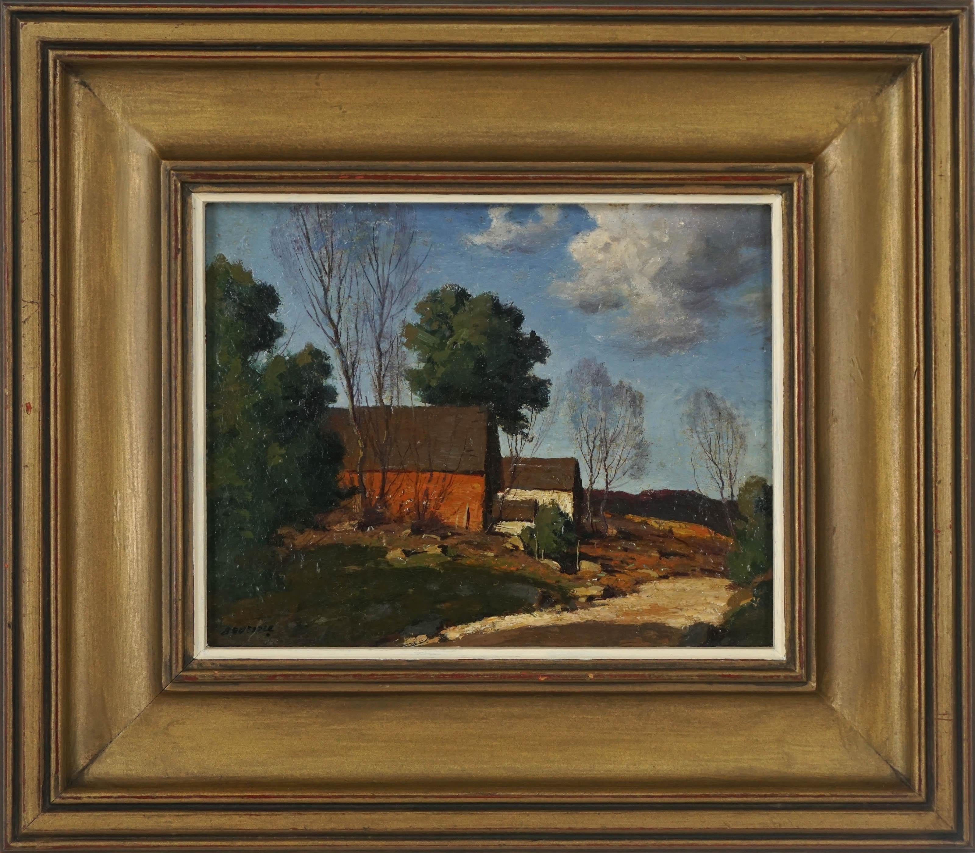George M. Bruestle Landscape Painting - Early 20th Century American Impressionism -- Old Lyme Connecticut Red House 