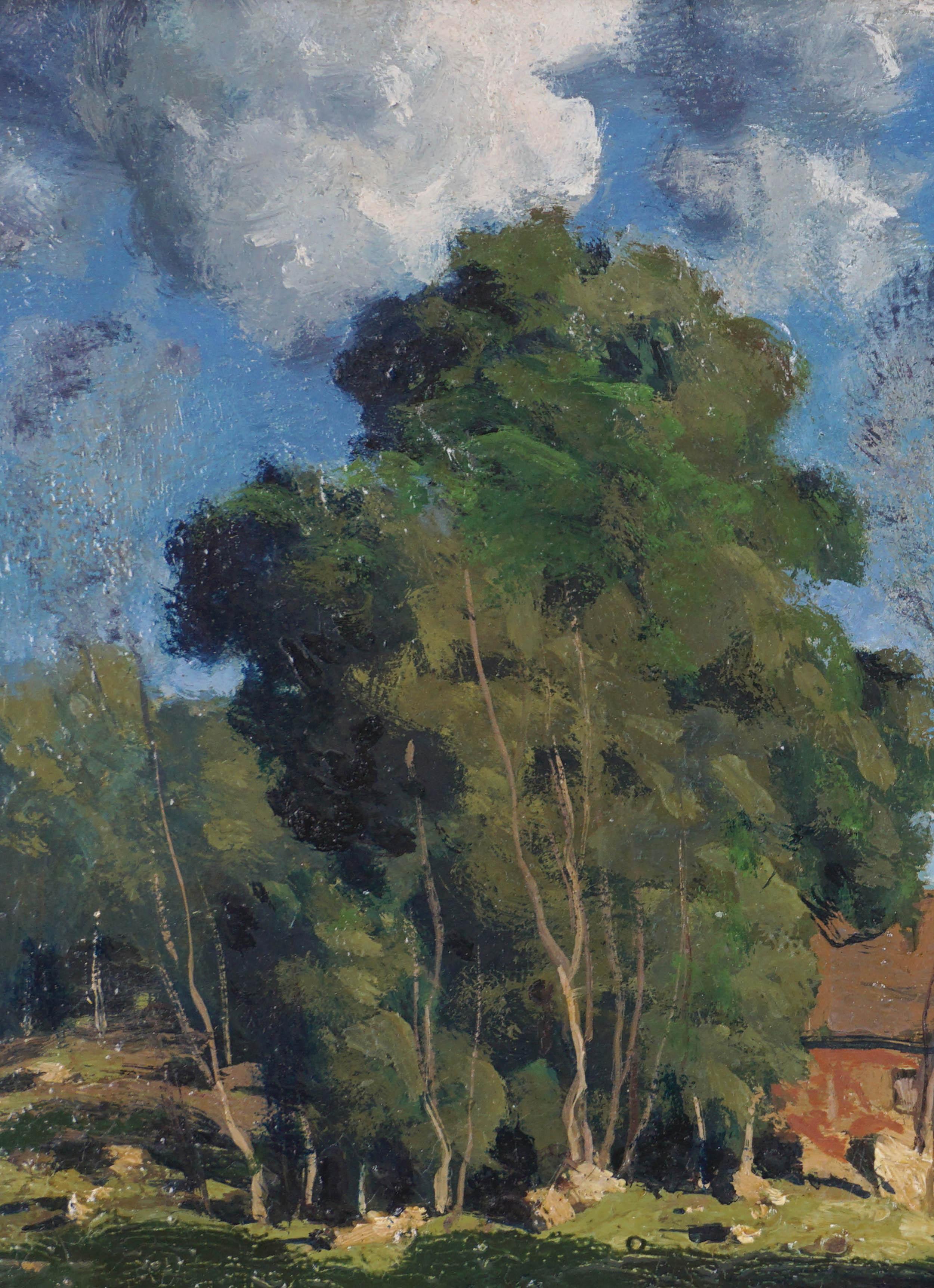 Splendido paesaggio impressionista americano dell'inizio del XX secolo di George M. Bruestle (americano, 1871-1939), circa 1914. Firmato in basso a sinistra e sul verso. Presentato in una cornice in legno dorato. Dimensioni dell'immagine: 8 
