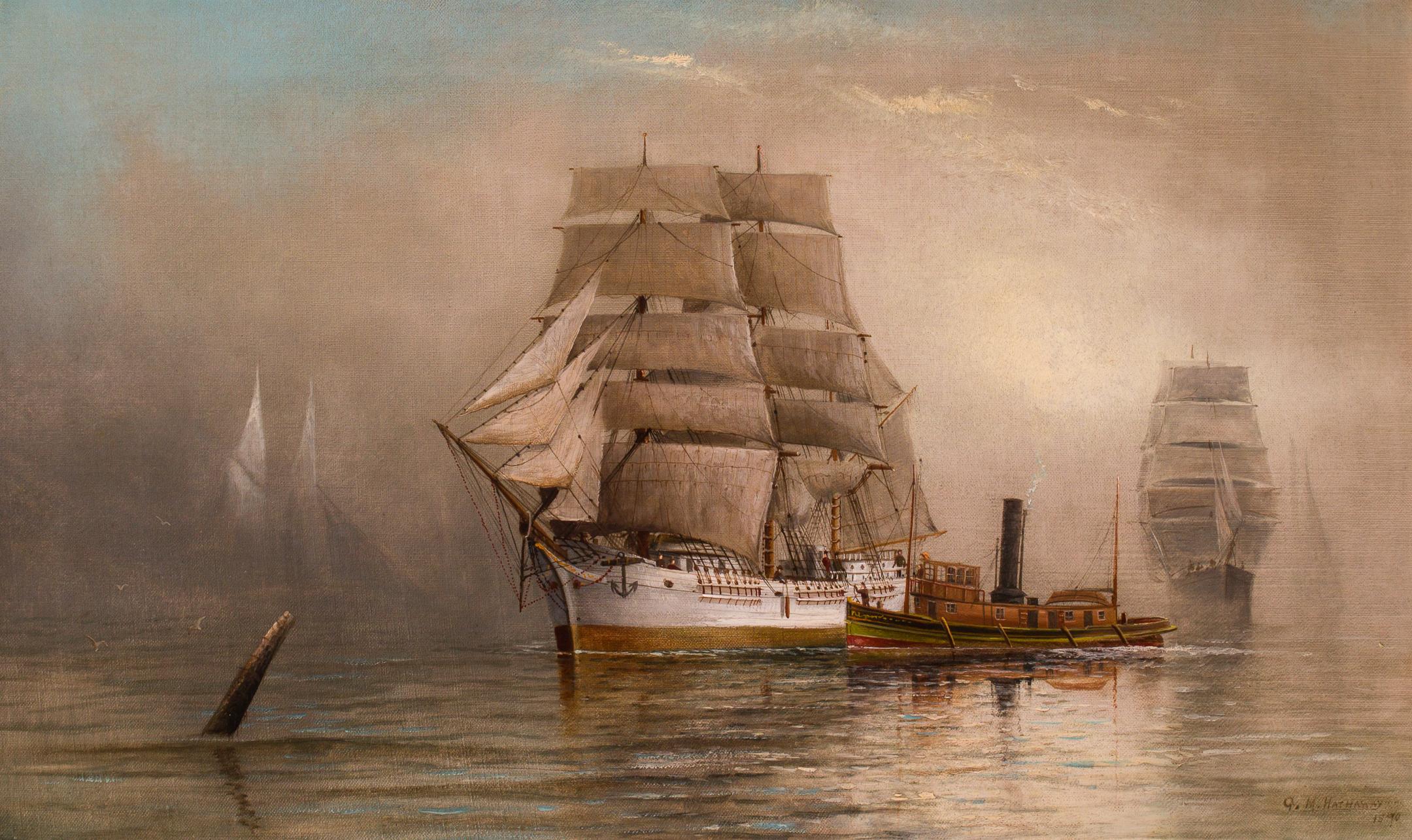Coming Through the Mists, Maine Harbor - Painting by George M. Hathaway