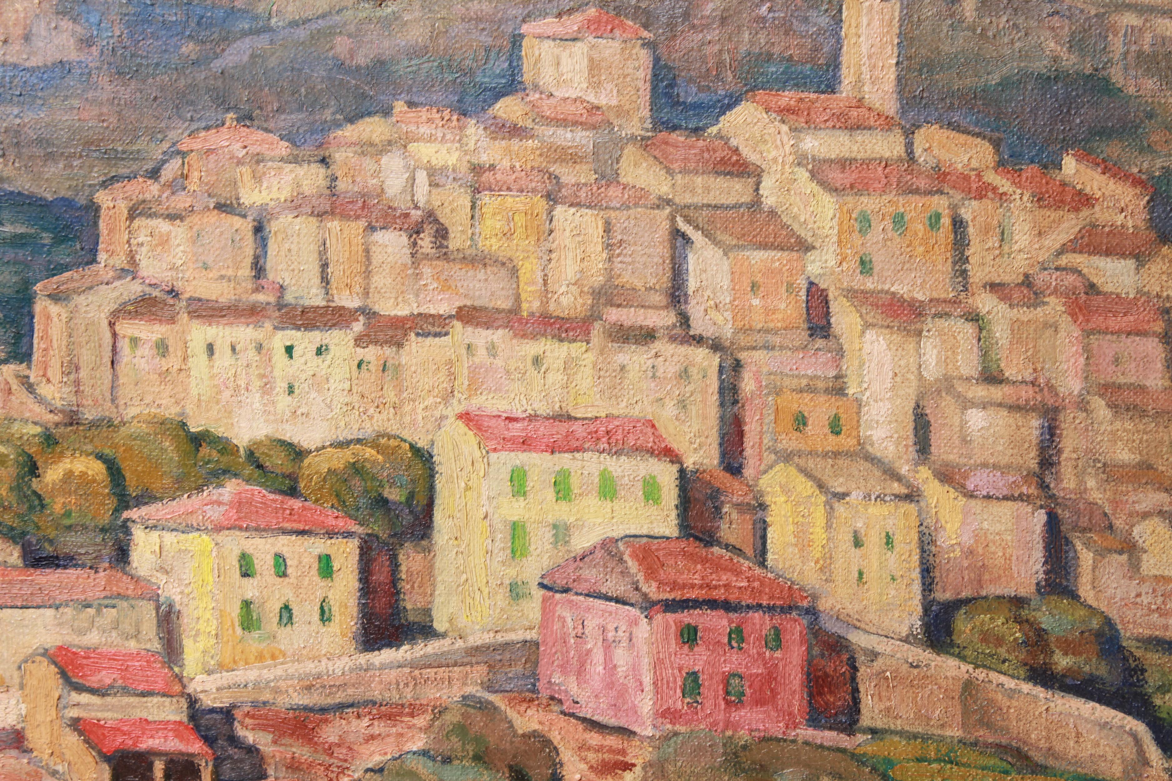 Impressionist style oil painting titled 'Gattières' (France, Alpes-Maritimes), painted by George Herbert Macrum (1878-1970), depicting hillside houses, mountains and landscape. The piece is signed in the lower center right 