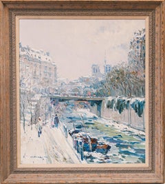 "Winter Canal" Snowy Paris, France Street Scene of Notre Dame, Siene River