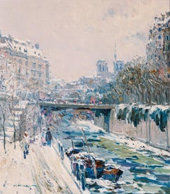 "Winter Canal" Snowy Paris, France Street Scene of Notre Dame, Siene River
