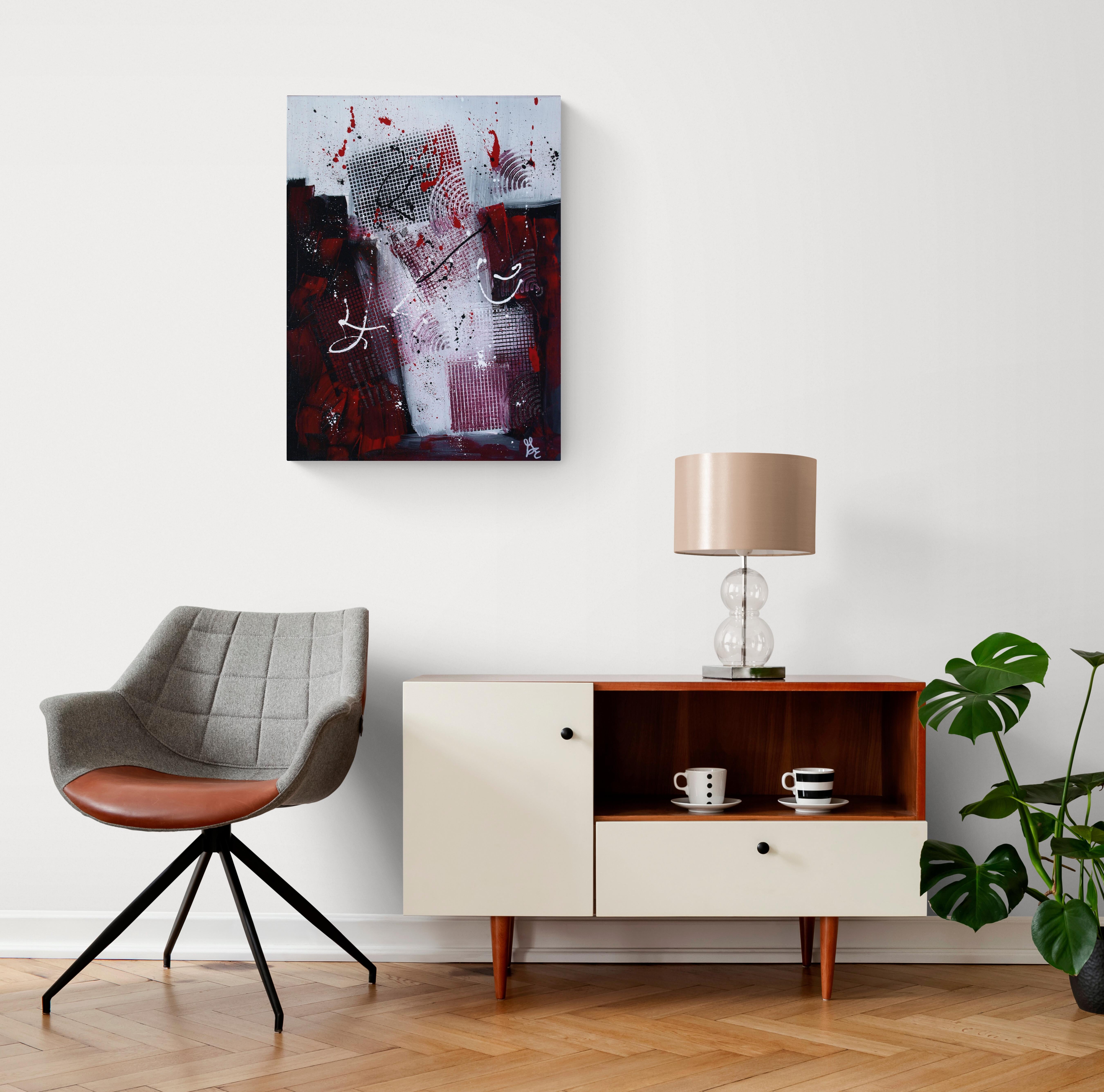 Troppe finestre, dipinto astratto contemporaneo nero e rosso originale firmato in vendita 1