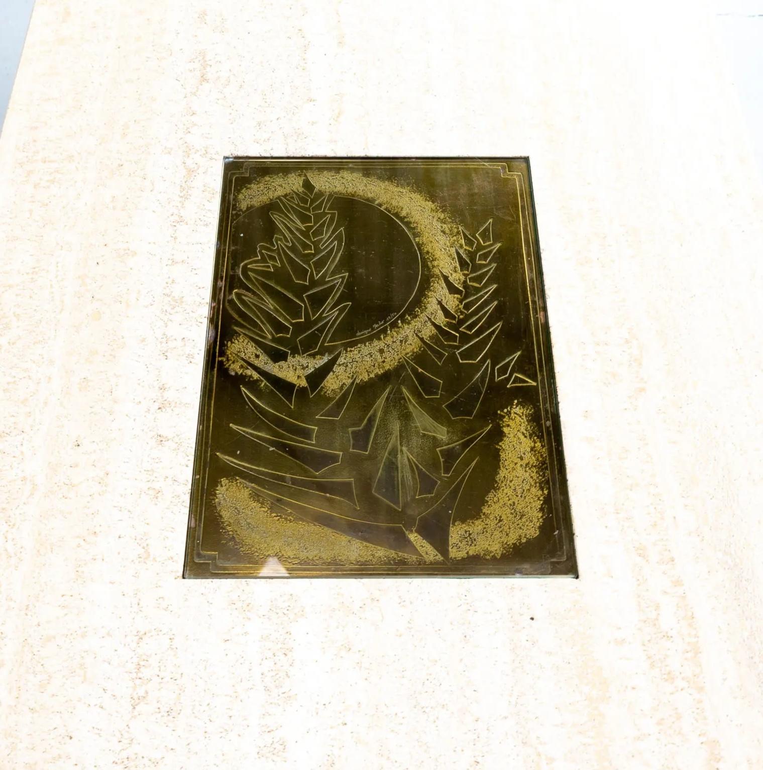Table basse en travertin pour Maho avec œuvre d'art n° 12/50, George Mathias, années 1970 en vente 2