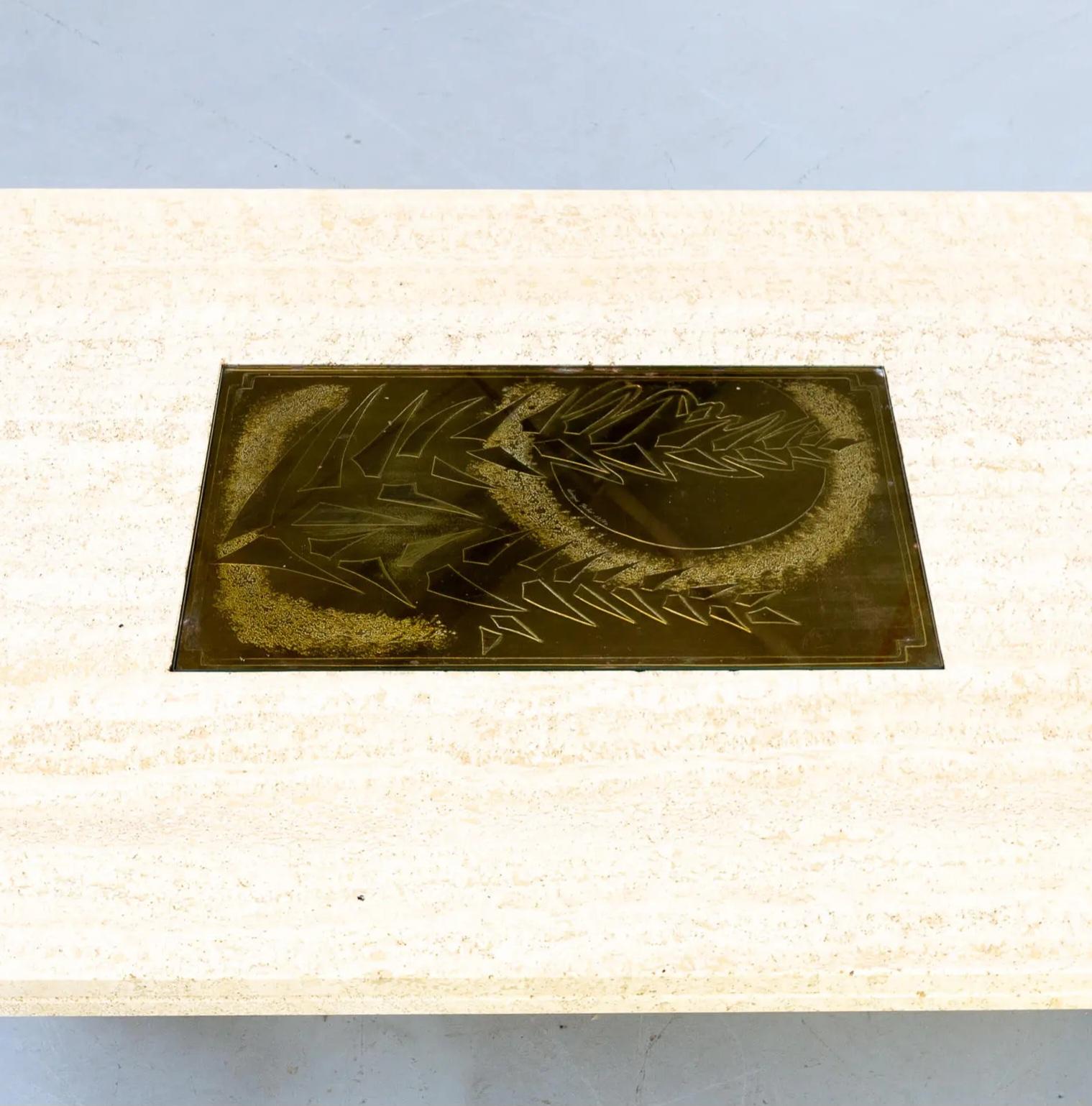 Laiton Table basse en travertin pour Maho avec œuvre d'art n° 12/50, George Mathias, années 1970 en vente