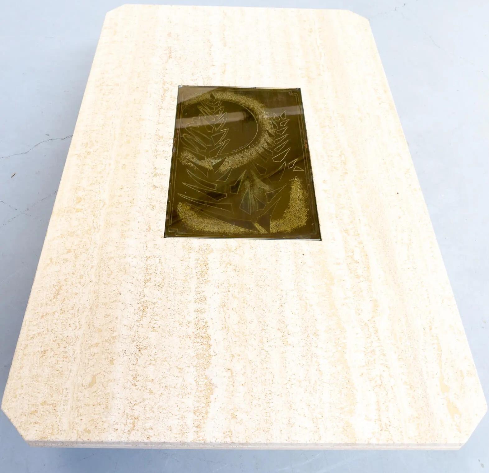 Table basse en travertin pour Maho avec œuvre d'art n° 12/50, George Mathias, années 1970 en vente 1