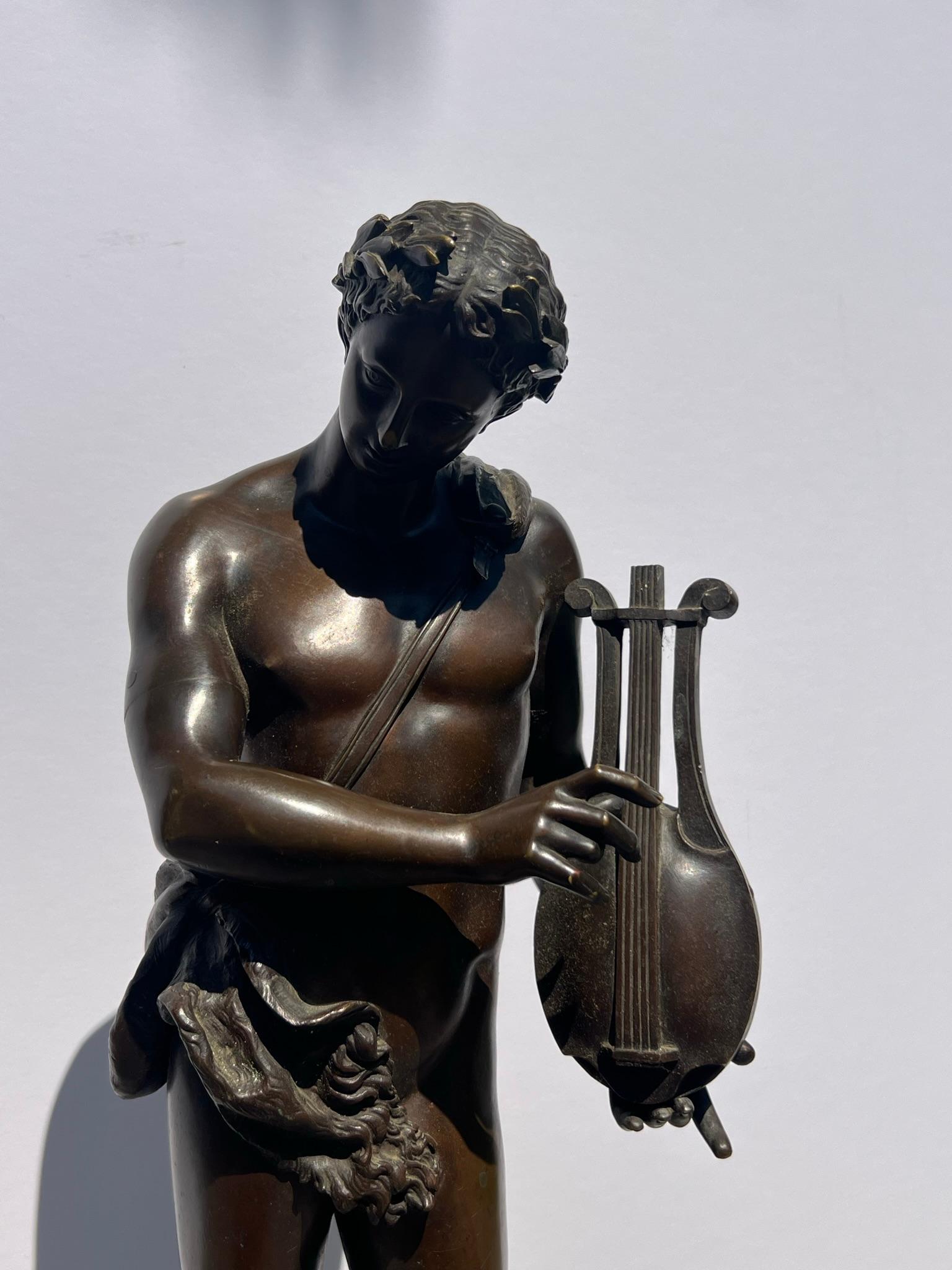 28” Orpheus Antique Bronze Sculpture Male Nude with Lyre by George Mattes 1900 For Sale 1