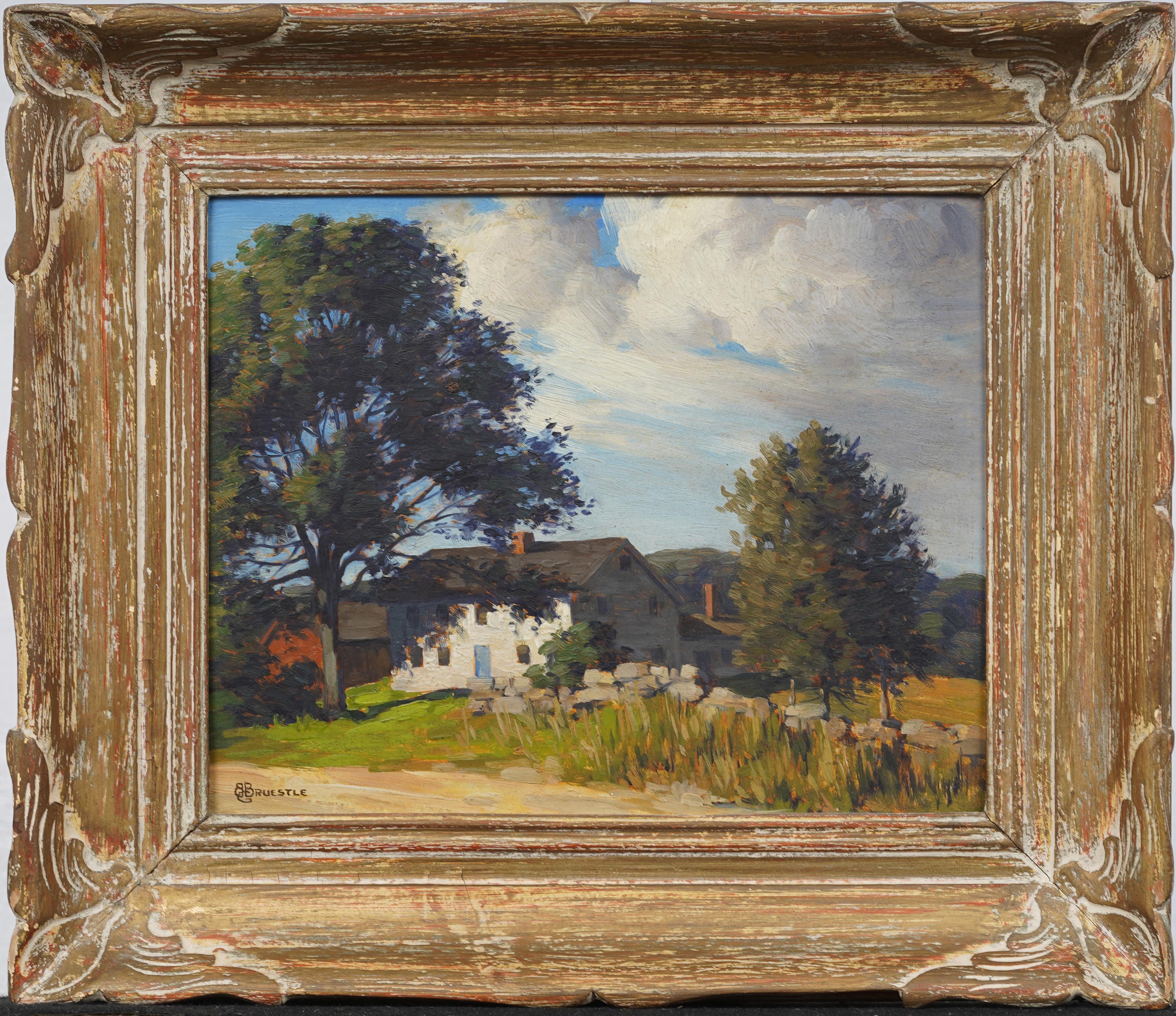 Antique American Impressionist Framed New England Landscape Original Painting - Brown Abstract Painting by George Matthew Bruestle 
