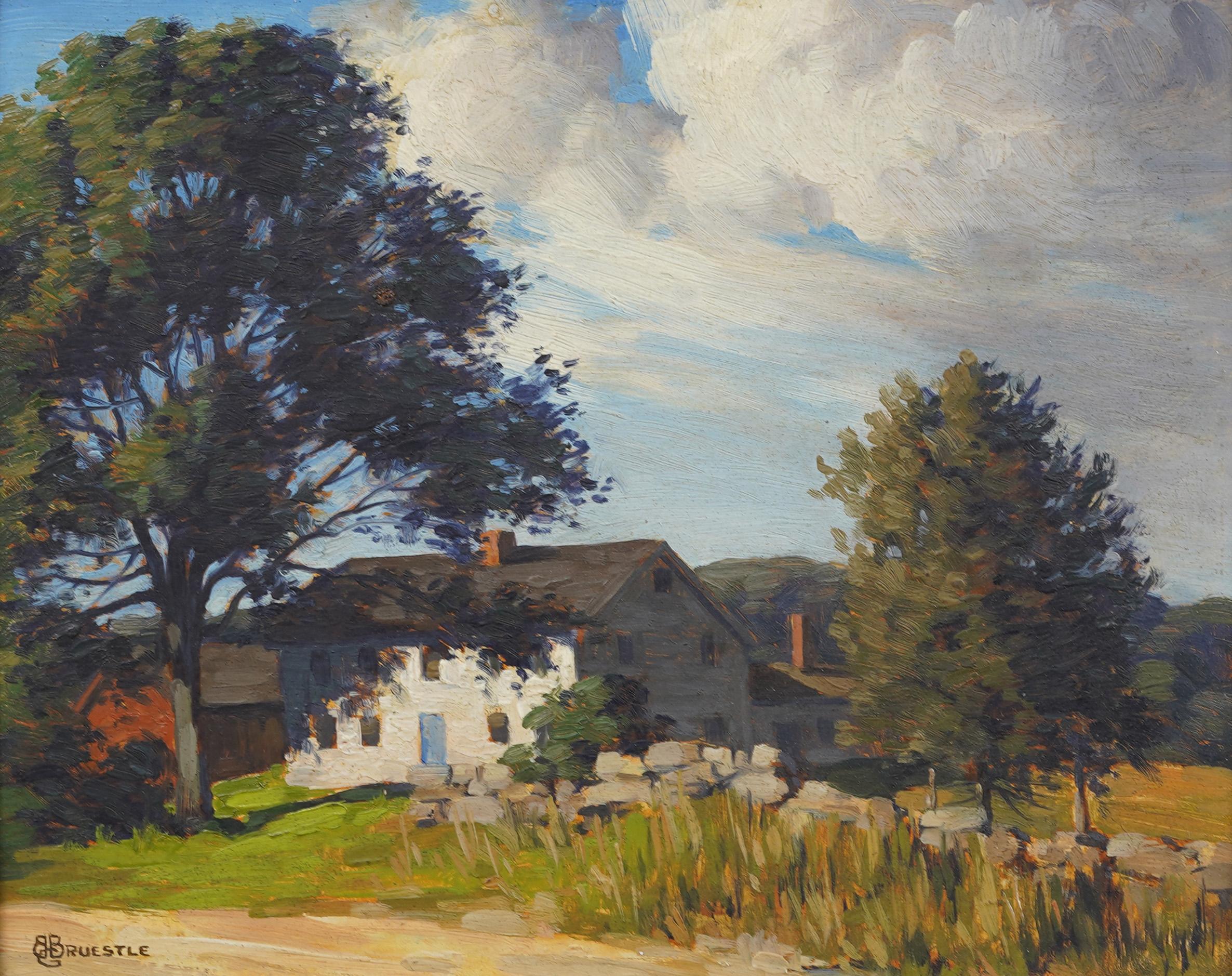 Antique American impressionist landscape oil painting. Oil on canvasboard. Framed. Signed.  Measuring: 12 by 15 inches overall, and 8 by 10 painting alone. In excellent original condition. Handsomely framed in a giltwood molding. Excellent