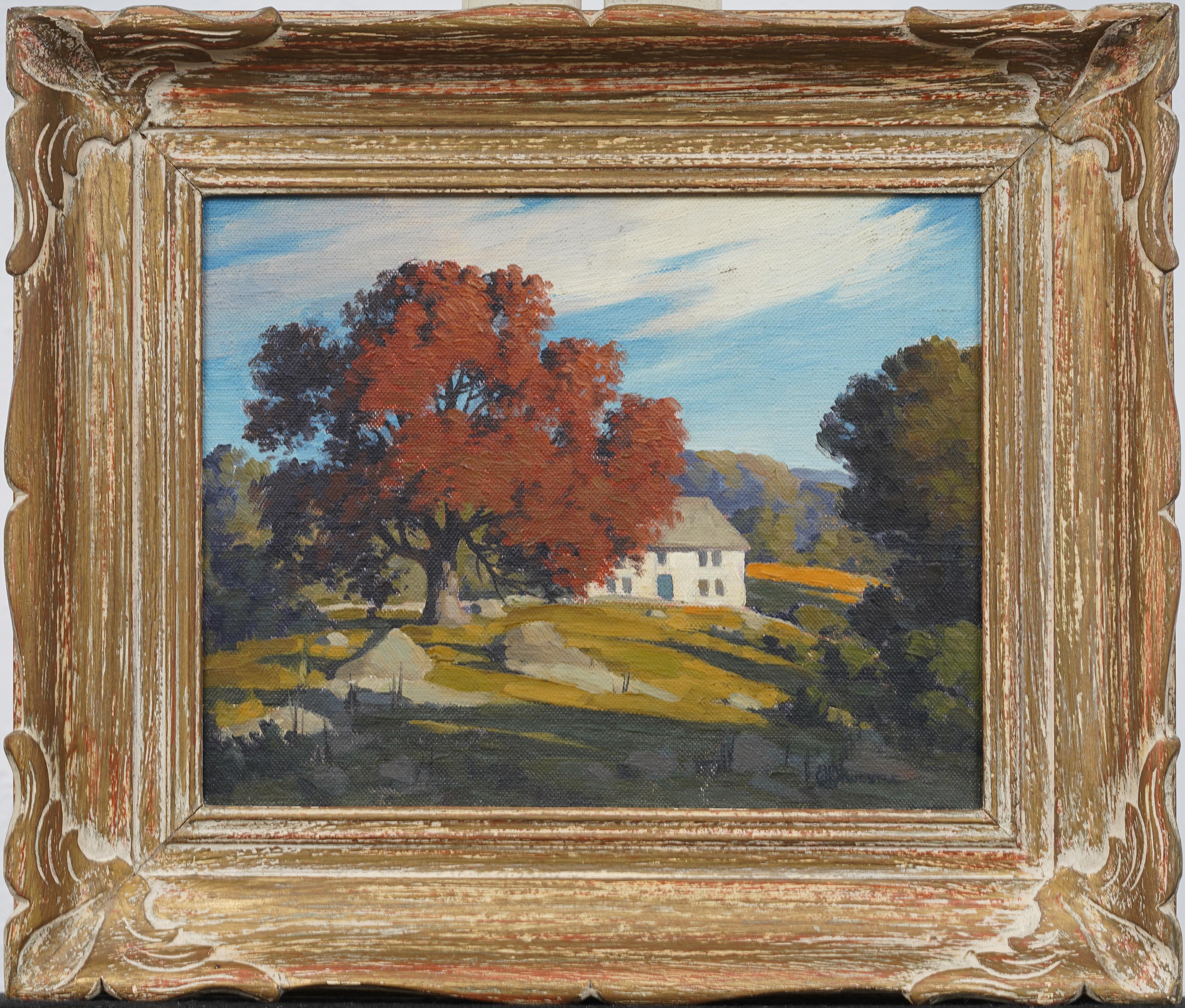 Antique American Impressionist Framed New England Landscape Original Painting - Brown Landscape Painting by George Matthew Bruestle
