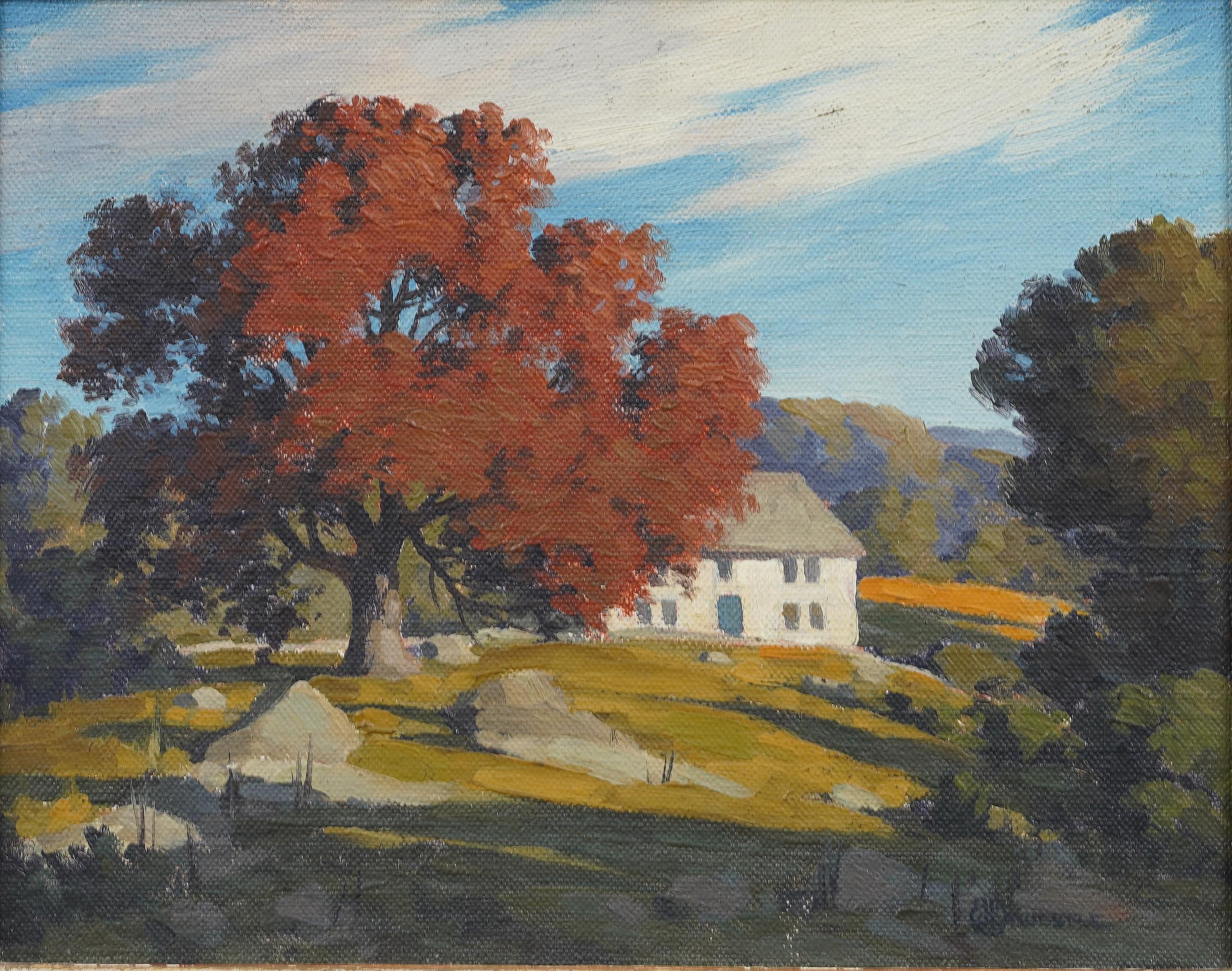 Antique American impressionist landscape oil painting. Oil on canvasboard. Framed. Measuring: 12 by 15 inches overall, and 8 by 10 painting alone.  In excellent original condition. Handsomely framed in a  giltwood molding.  Excellent condition,