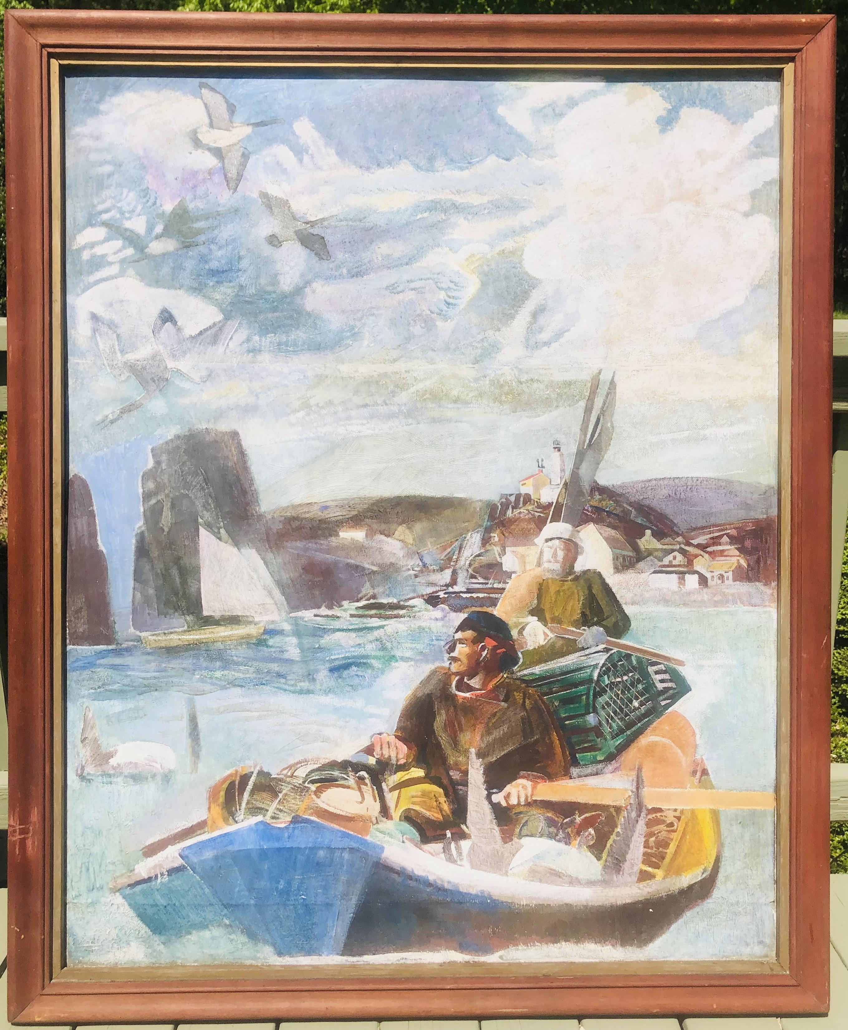 Monumental WPA Gloucester School Oil Mural New England Lobstermen, Hunters  For Sale 10