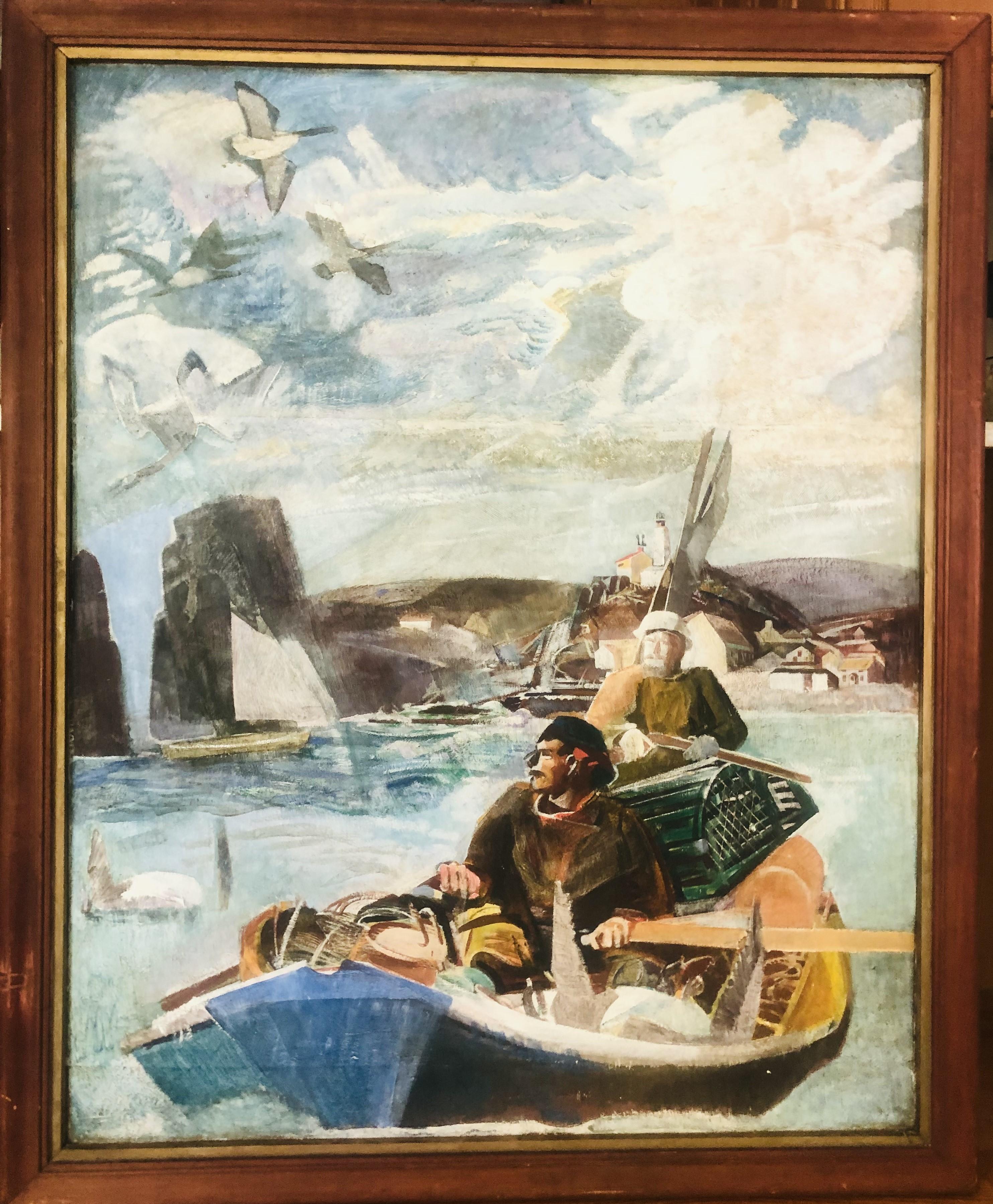 George Matthews Harding Figurative Painting – Monumentales Ölgemälde der WPA Gloucester School, Ölgemälde, Wandgemälde, New England, Hummerfänger, Jäger 
