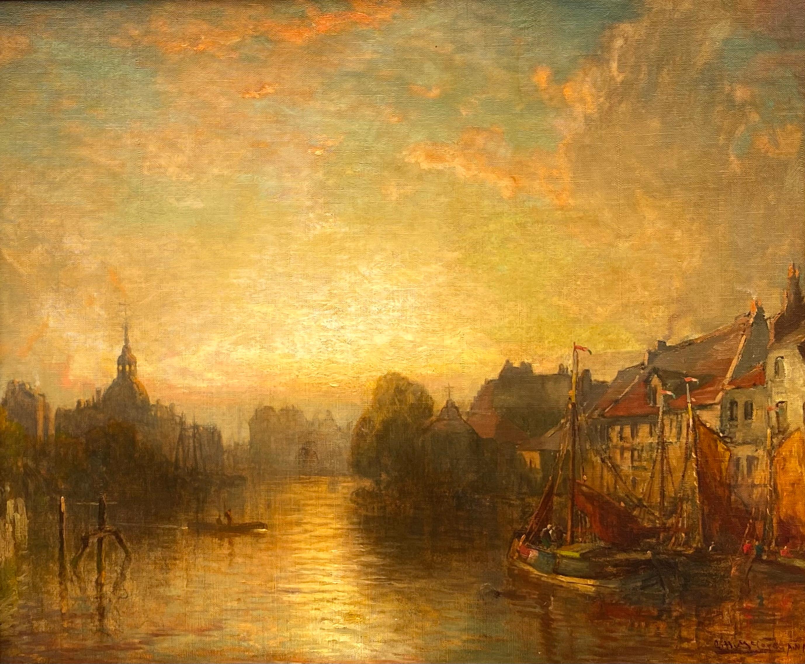 “Amsterdam Harbor at Sunset” - Painting by George McCord