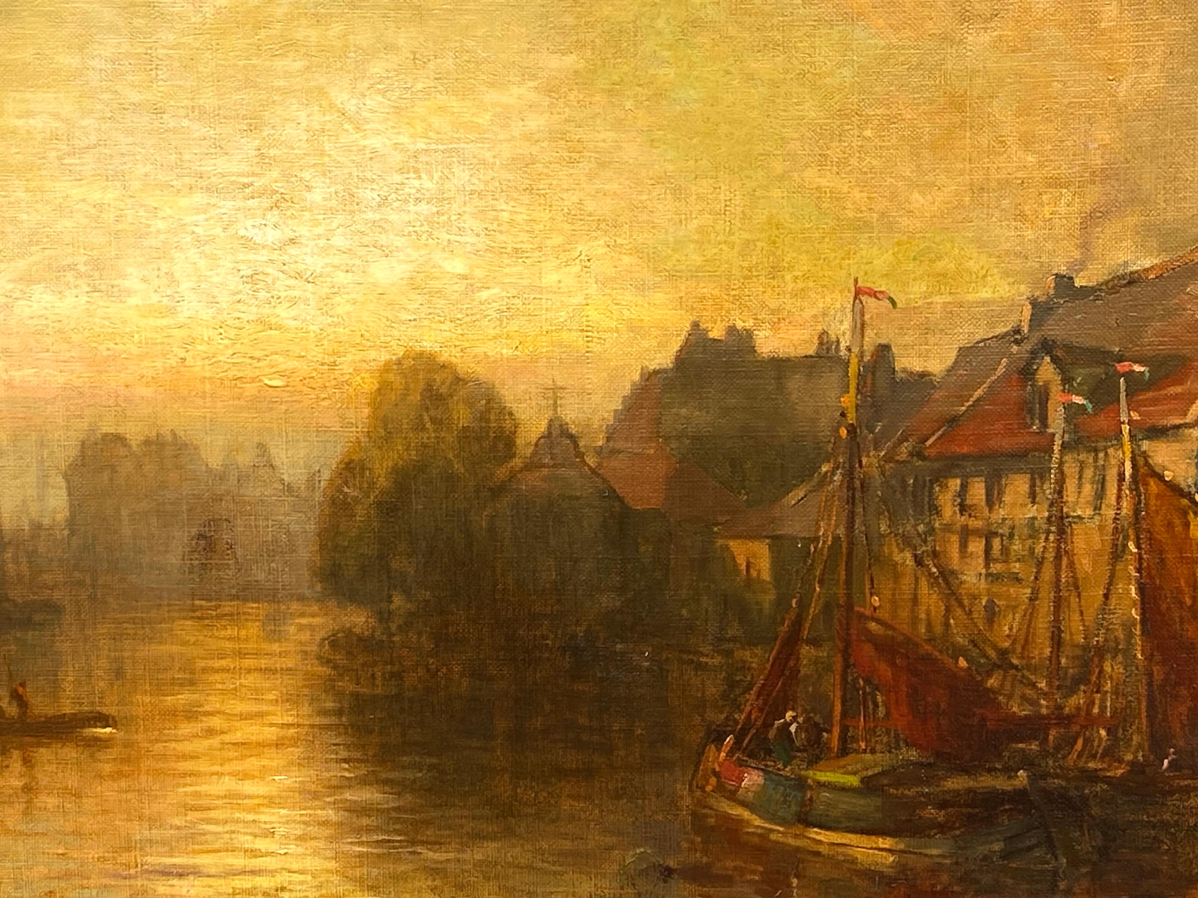 
Very well executed tonalist work of a sunset over Amsterdam Harbor in Holland by the well known American artist, George McCord.  Signed lower right with A.N.A following the signature which stands for Associate of the National Academy.  Circa 1890.
