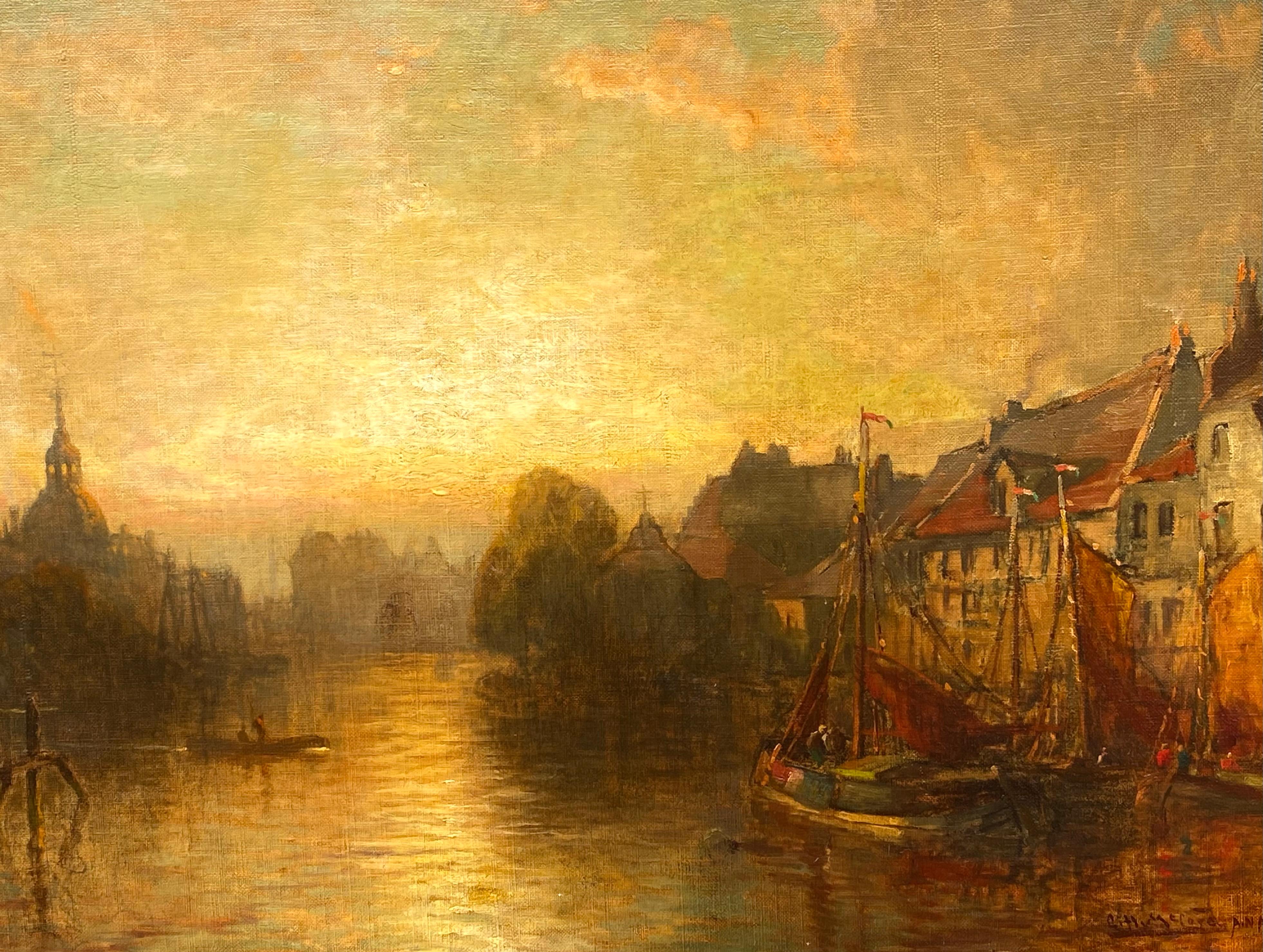 Hafen von Amsterdam bei Sonnenuntergang im Angebot 1