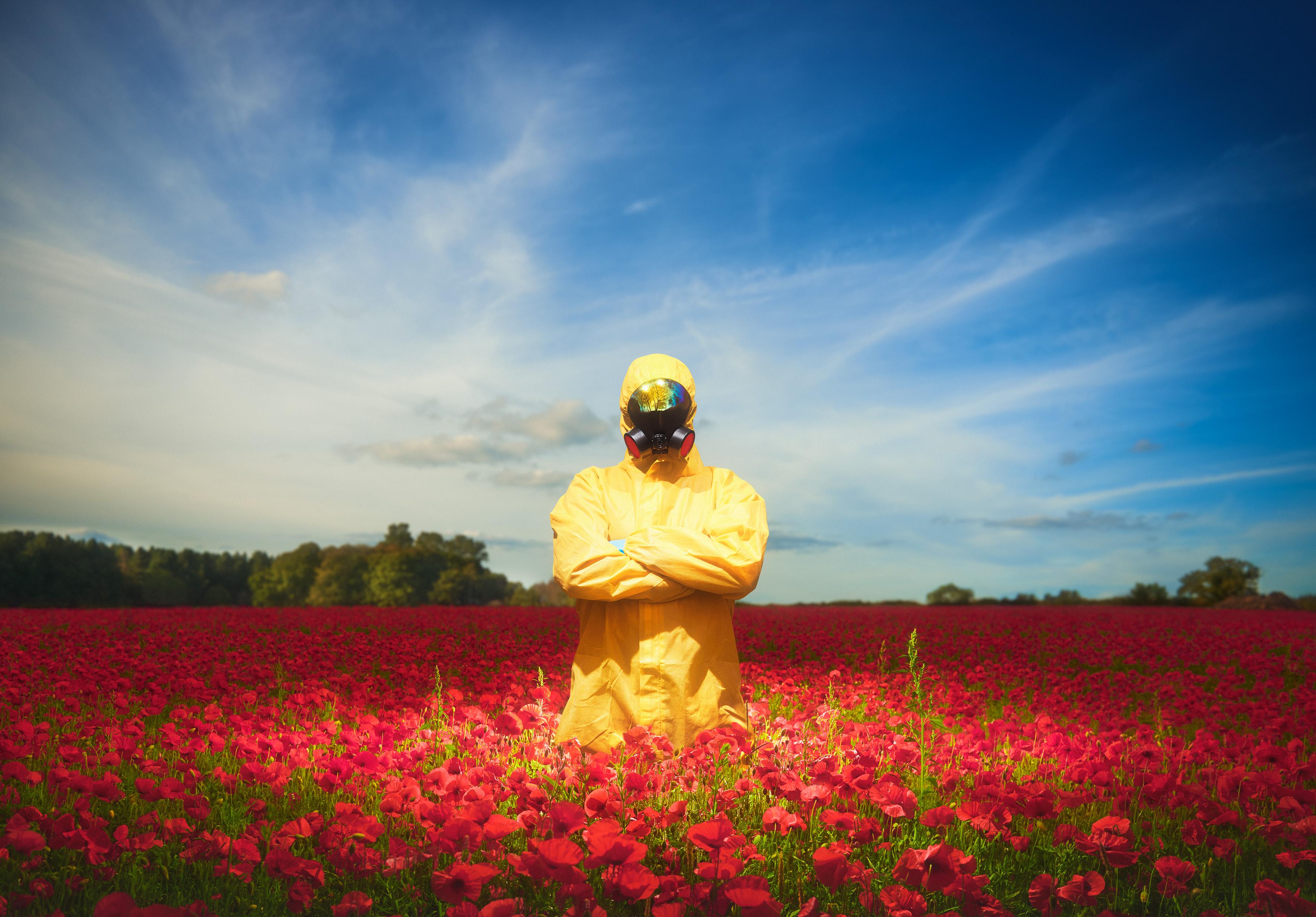 N°1, « Tree Huggers from the Future » (Femme en costume Hazmat jaune dans un champ de coqs)