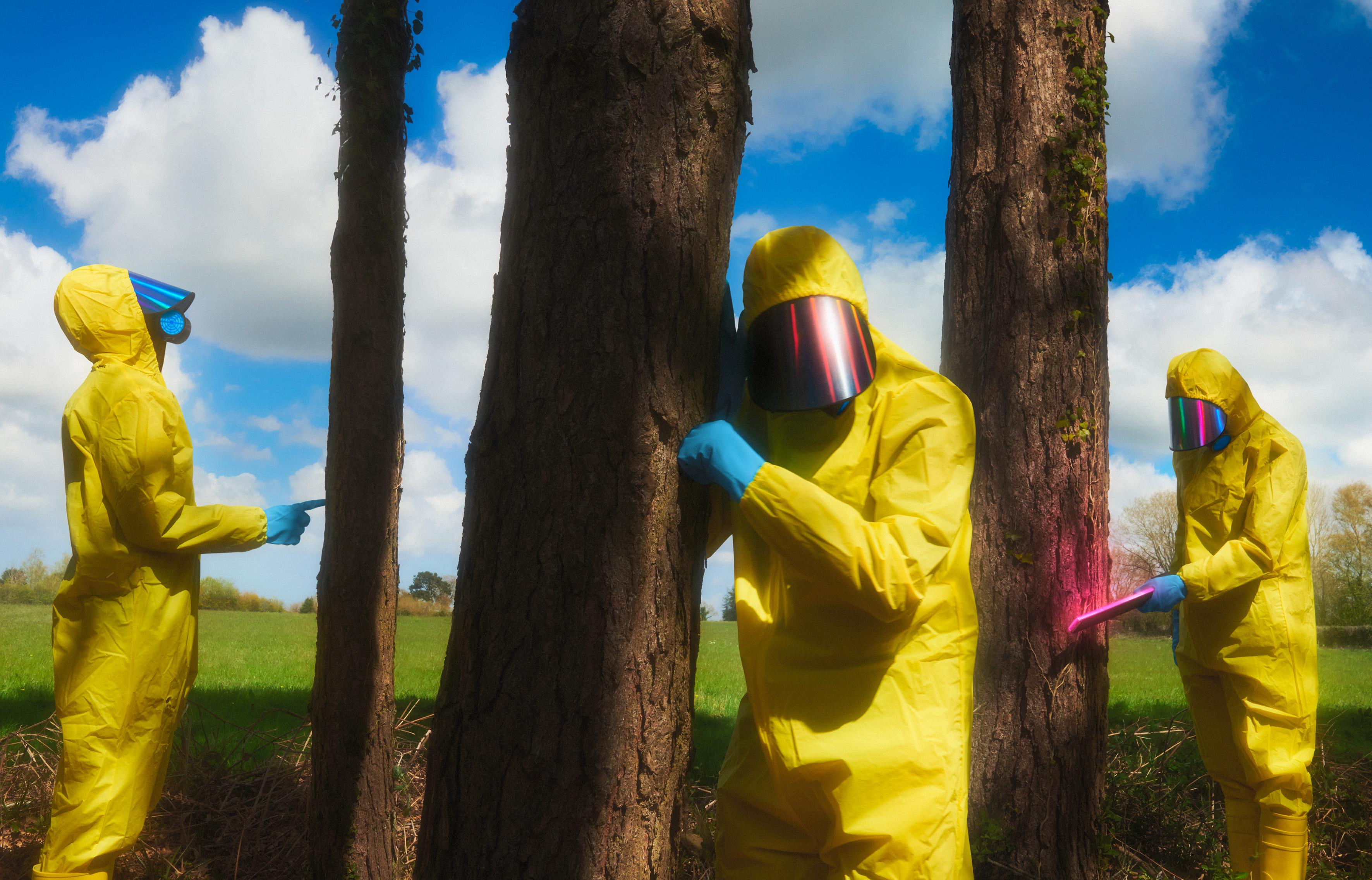 George McLeod Figurative Photograph – #3, Tree Huggers from the Future, Eco-tourists studying trees – Farbdruck