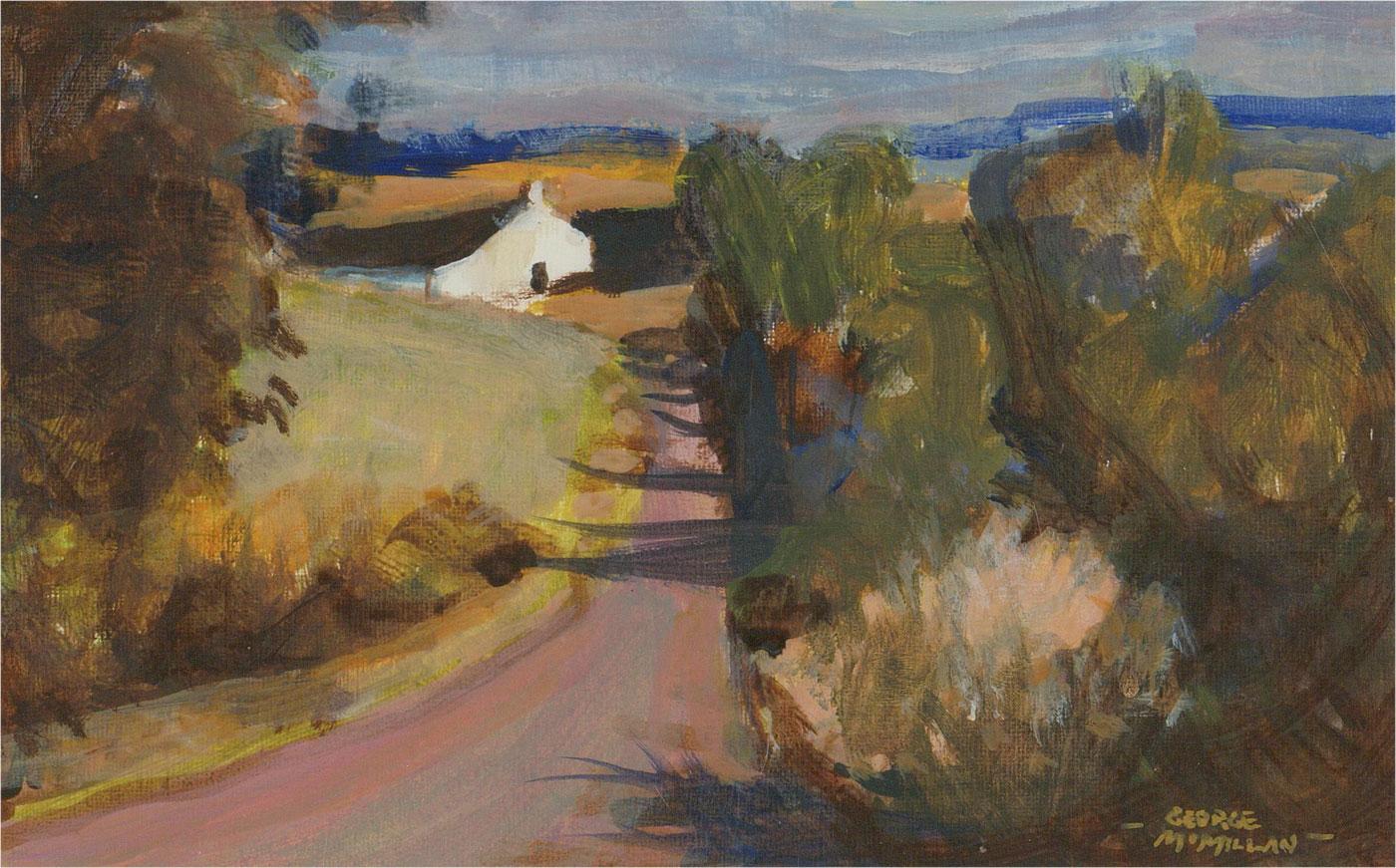 A wonderful colourist landscape by the Scottish artist George McMillan depicting a winding country road. With bold colour and expressive brushwork, this fine contemporary study is well presented in a white card mount and vintage gilt frame. Signed.