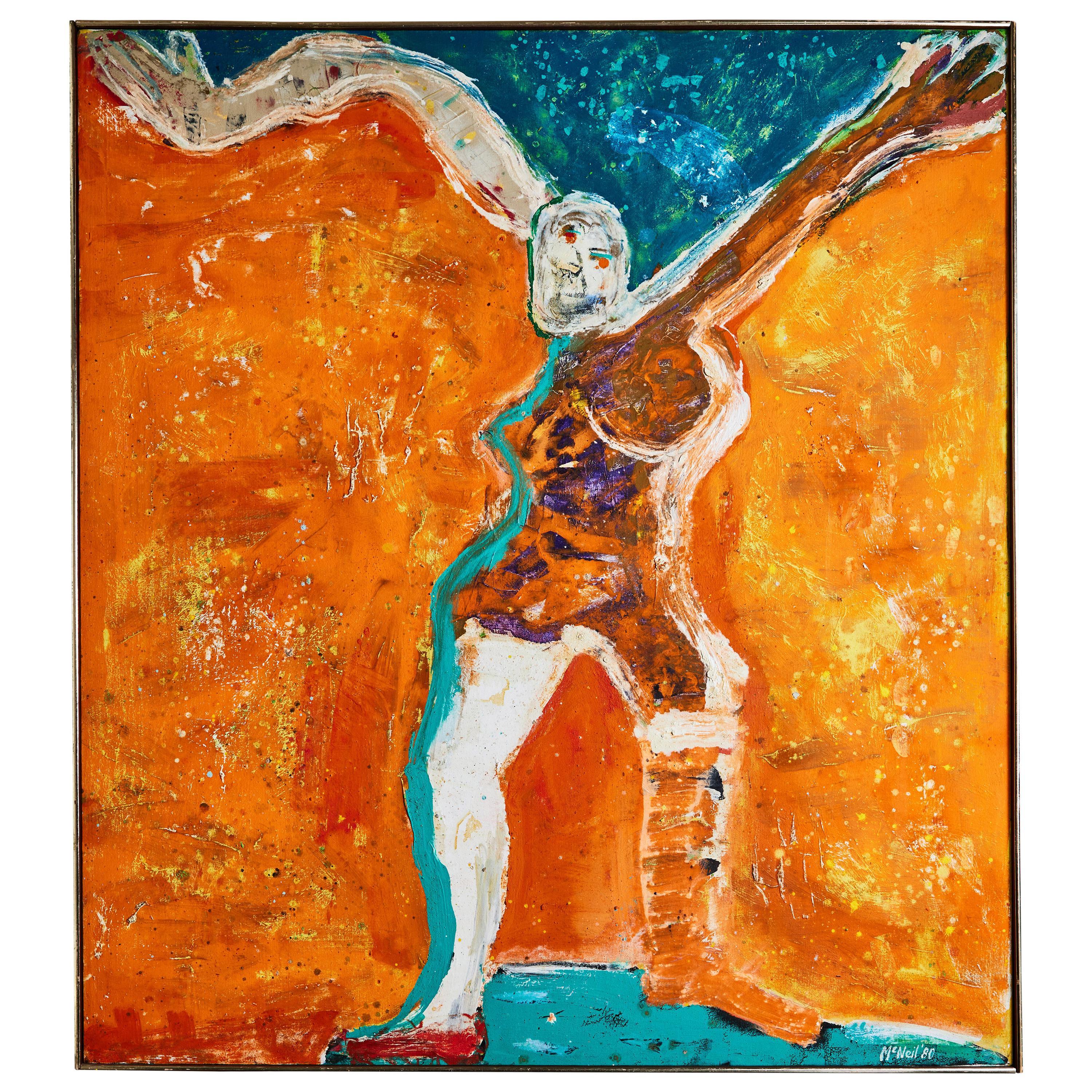 "Bailarina de zapatos rojos": vibrante pintura al óleo sobre lienzo, firmada y fechada, del artista estadounidense George Mc Neil (1908-1995), afincado en Nueva York. Ha recibido premios y becas de la Fundación Ford, el Consejo Nacional de las