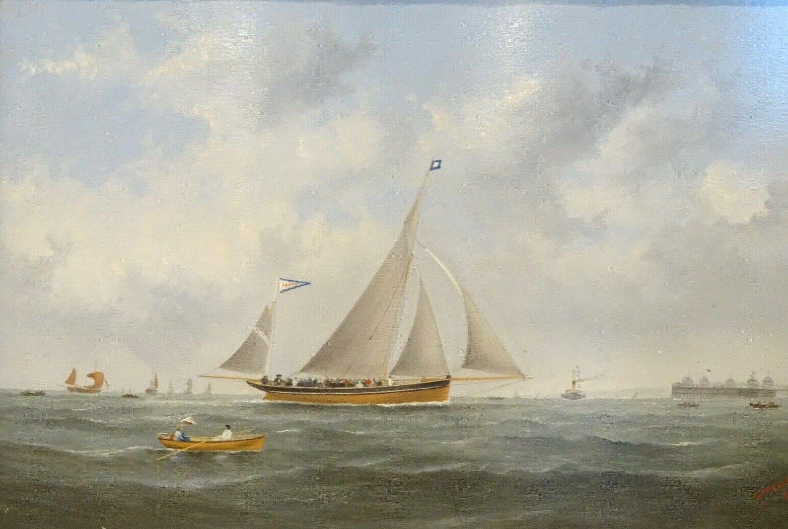George MEARS  Landscape Painting – Vergnügen beim Booten vor Brighton Pier, 19. Jahrhundert