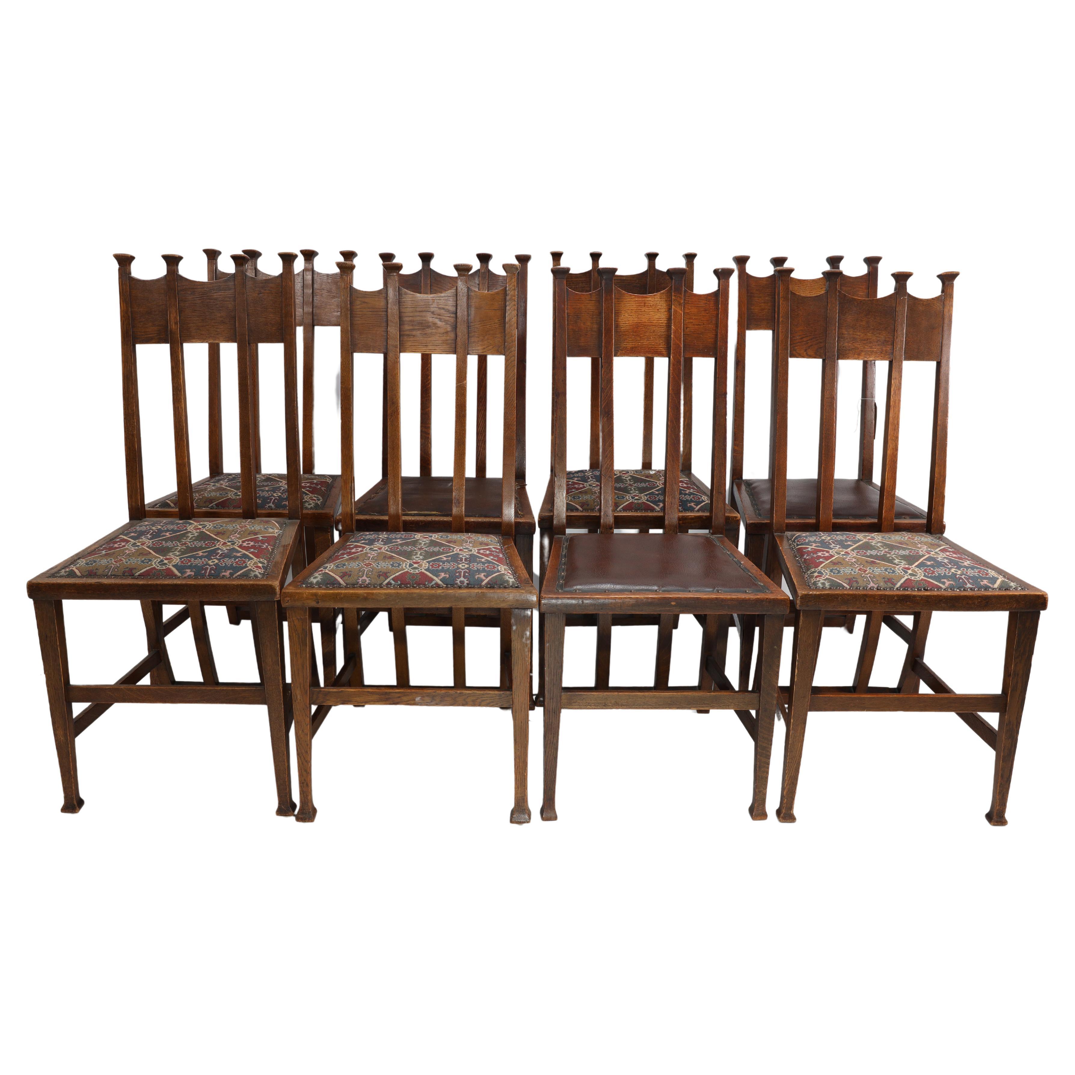 George Montague Ellwood. Fabriqué par J S Henry. Rare ensemble de dix chaises de salle à manger en Oak.