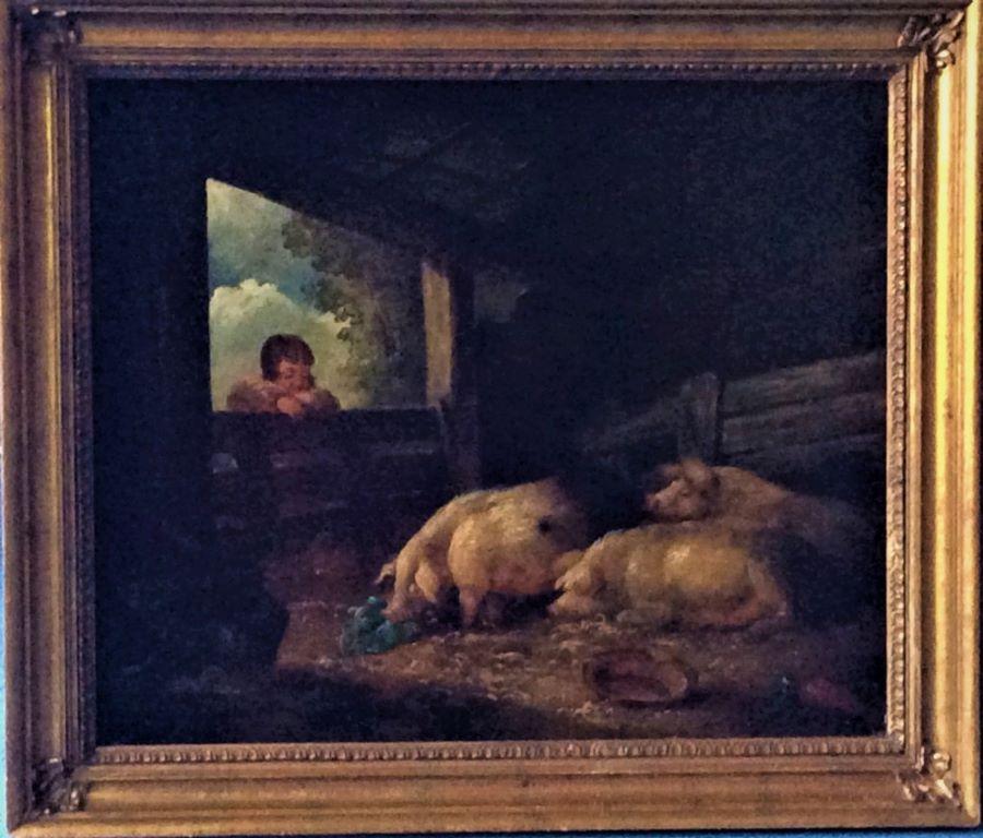 A most charming painting depicting pigs in a barn with a boy looking in .Entitled 
