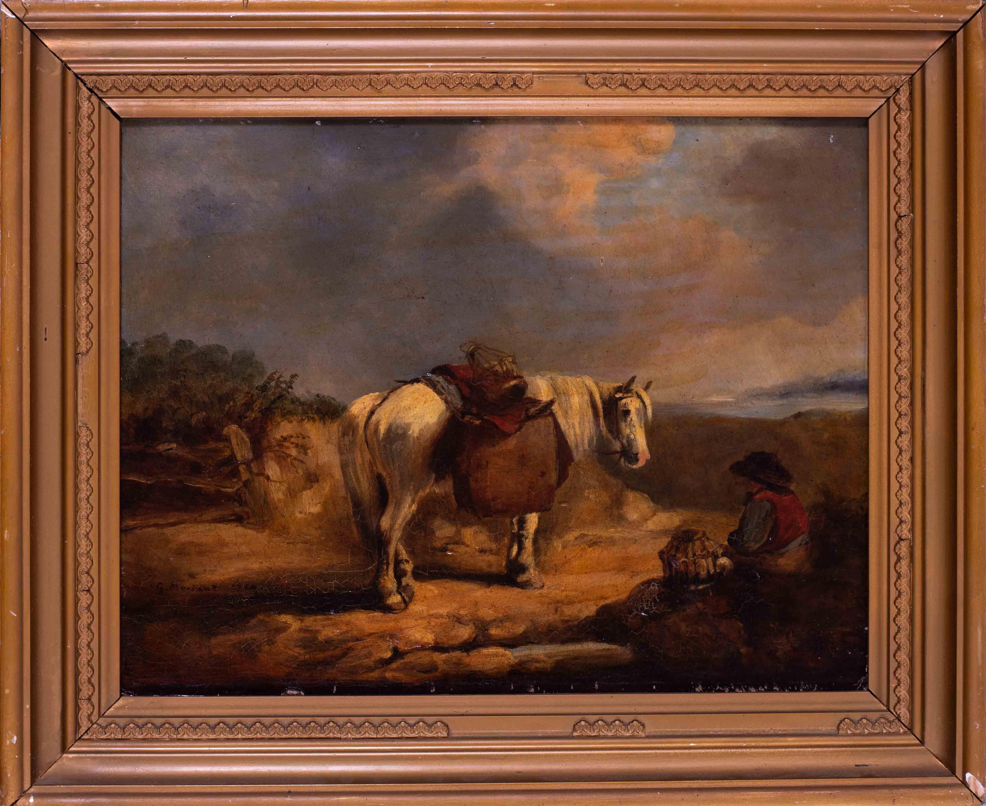 Peinture à l'huile du XVIIIe siècle représentant un repose-pieds de voyageur, cercle de George Morland