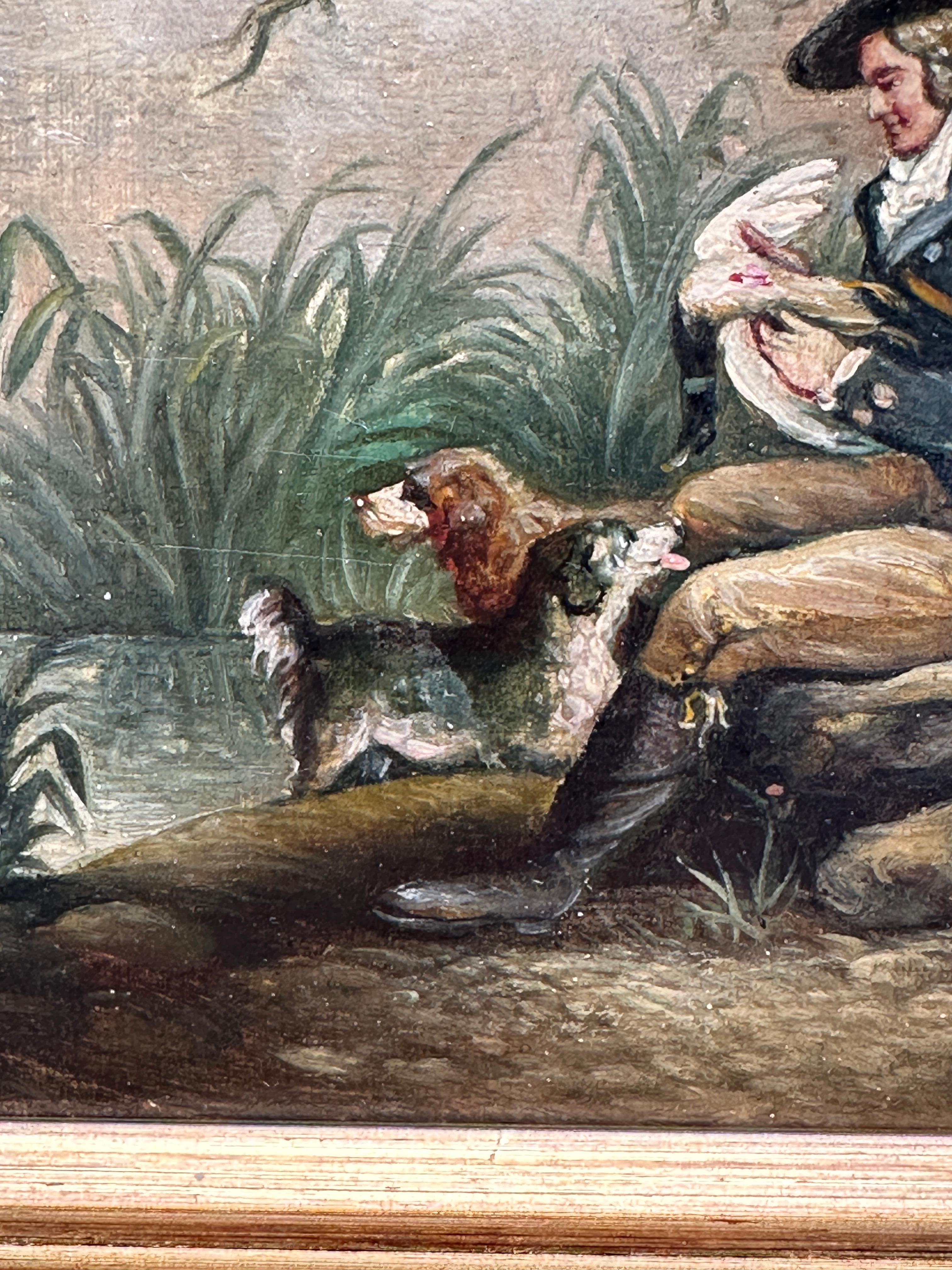 19th century English Antique, man in a landscape with his Spaniels and gun - Victorian Painting by George Morland