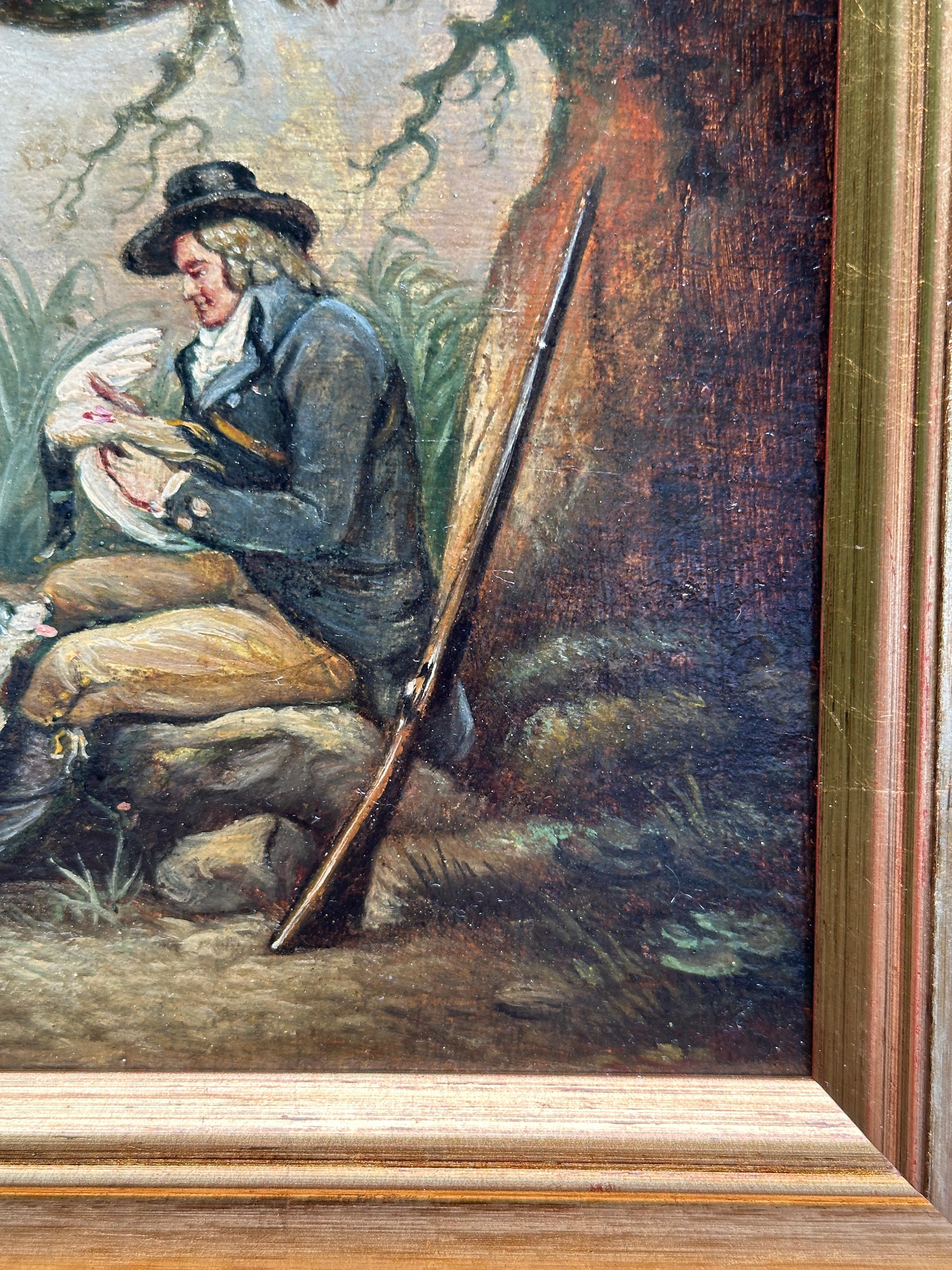19th century English Antique, man in a landscape with his Spaniels and gun - Brown Figurative Painting by George Morland