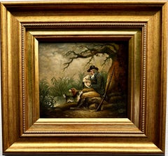 19th century English Antique, man in a landscape with his Spaniels and gun