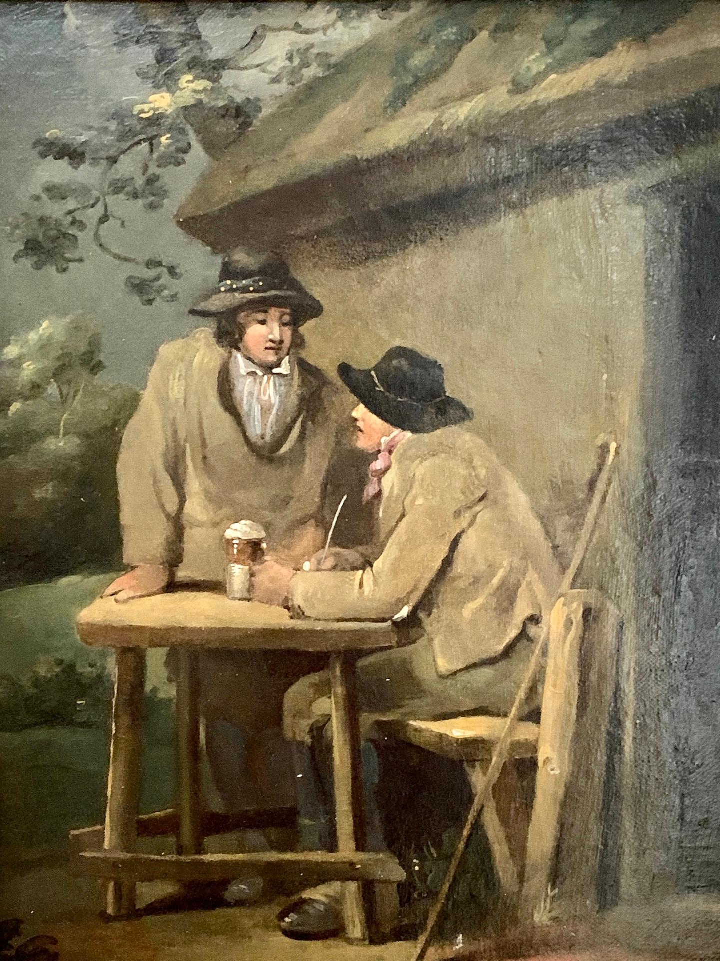 19th Century English Antique, Two Country farmers drinking beer in a landscape - Painting by George Morland