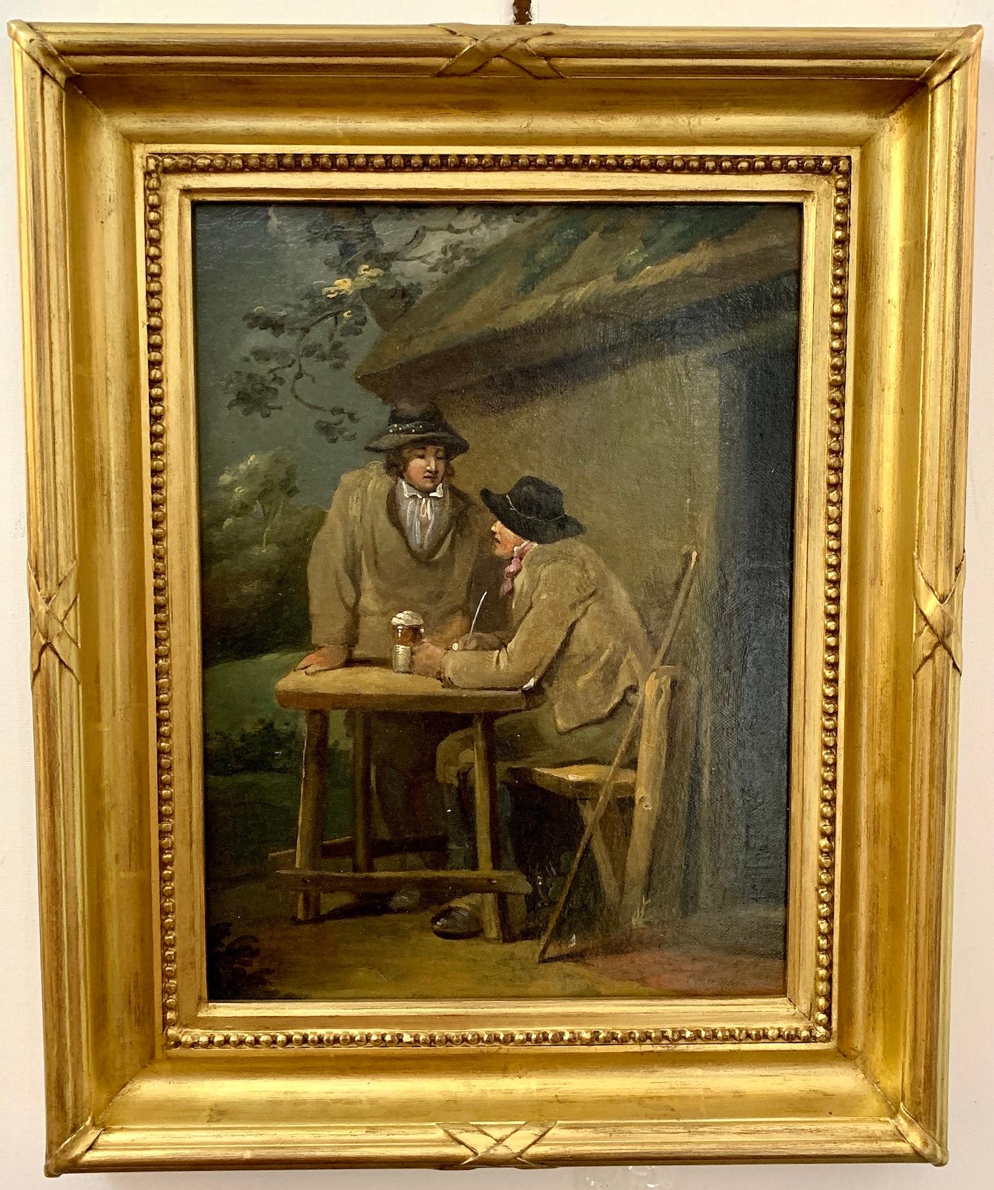 George Morland Landscape Painting - 19th Century English Antique, Two Country farmers drinking beer in a landscape