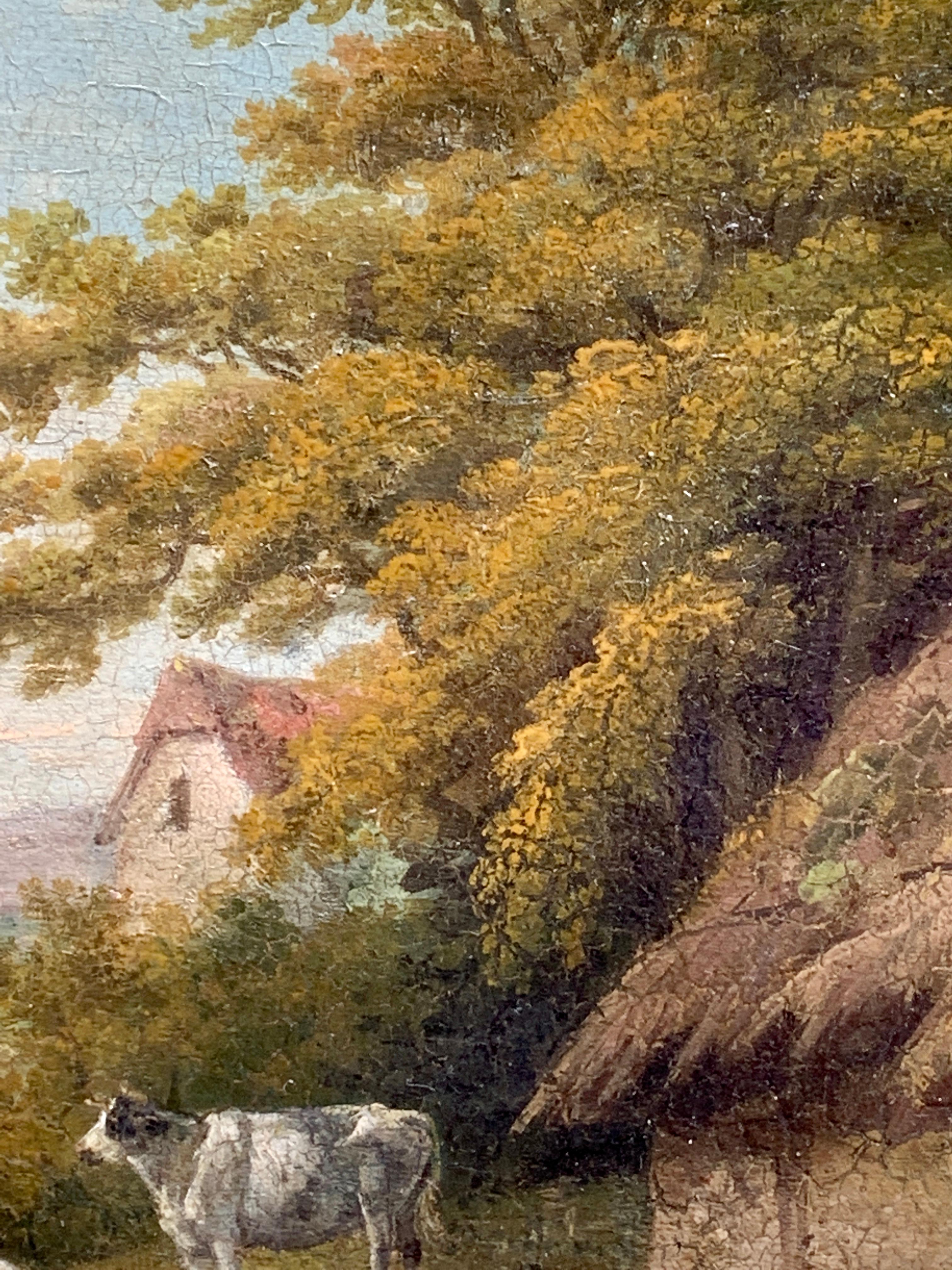 19th century Victorian English Antique landscape with cottage, figure and cows For Sale 3