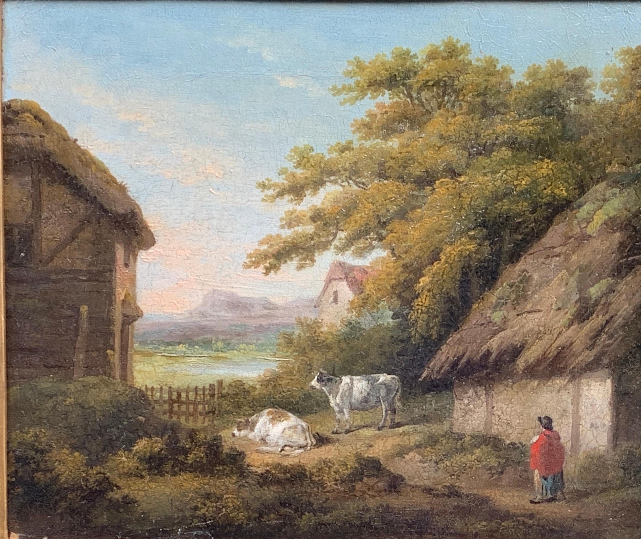 Paysage antique anglais victorien du 19ème siècle avec cottage, personnage et vaches - Painting de George Morland