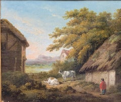 19th century Victorian English Antique landscape with cottage, figure and cows