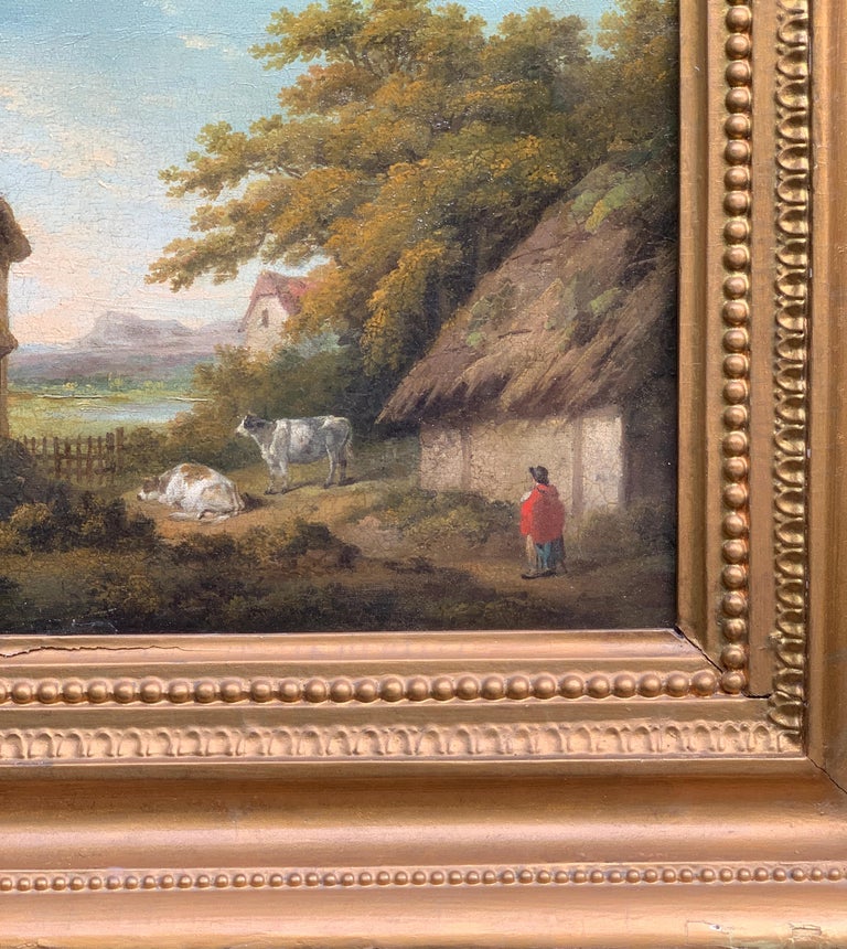 19th century Victorian English Antique landscape with cottage, figure and cows - Brown Figurative Painting by George Morland