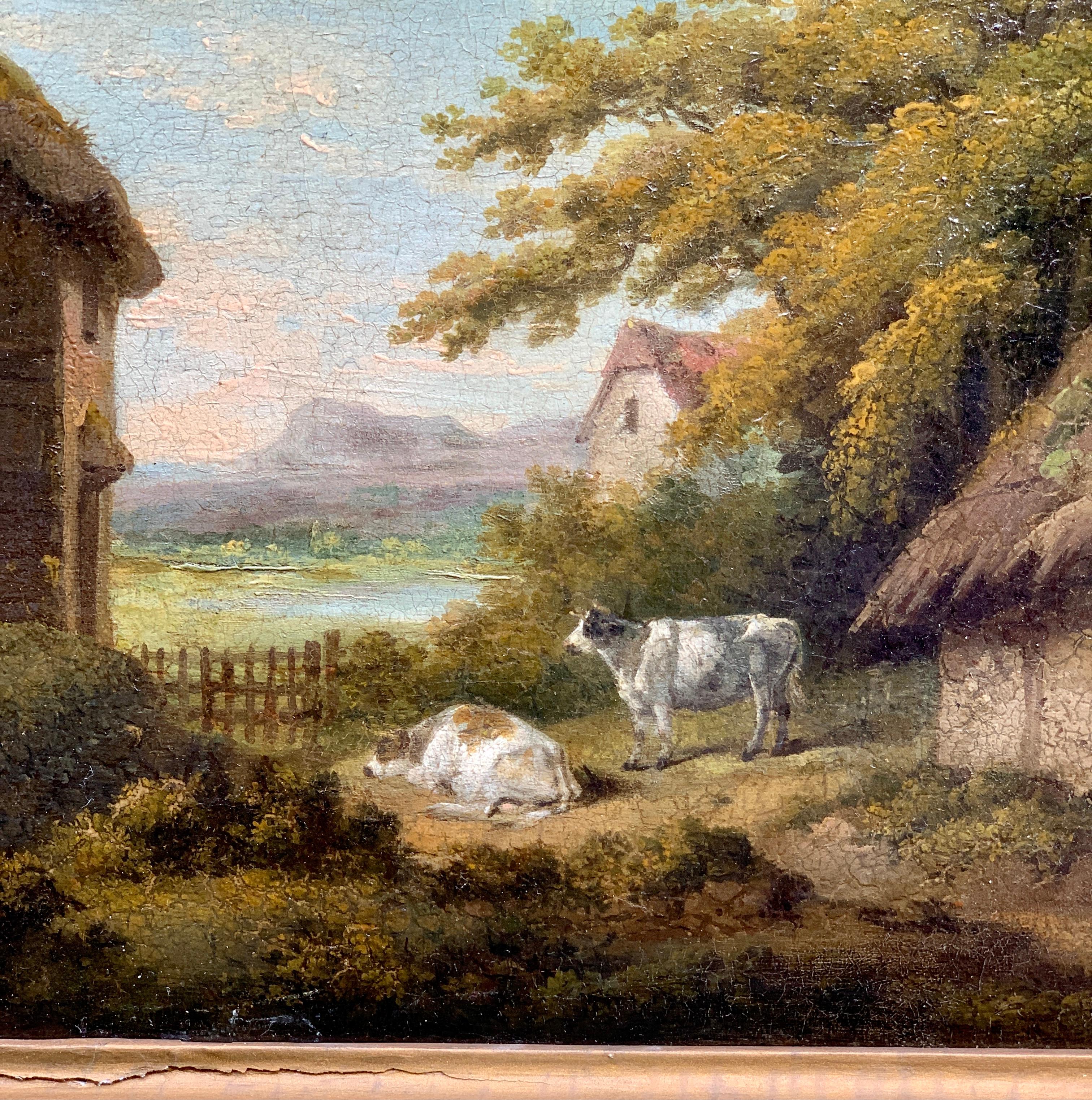 Paysage antique anglais victorien du 19ème siècle avec cottage, personnage et vaches - Marron Figurative Painting par George Morland