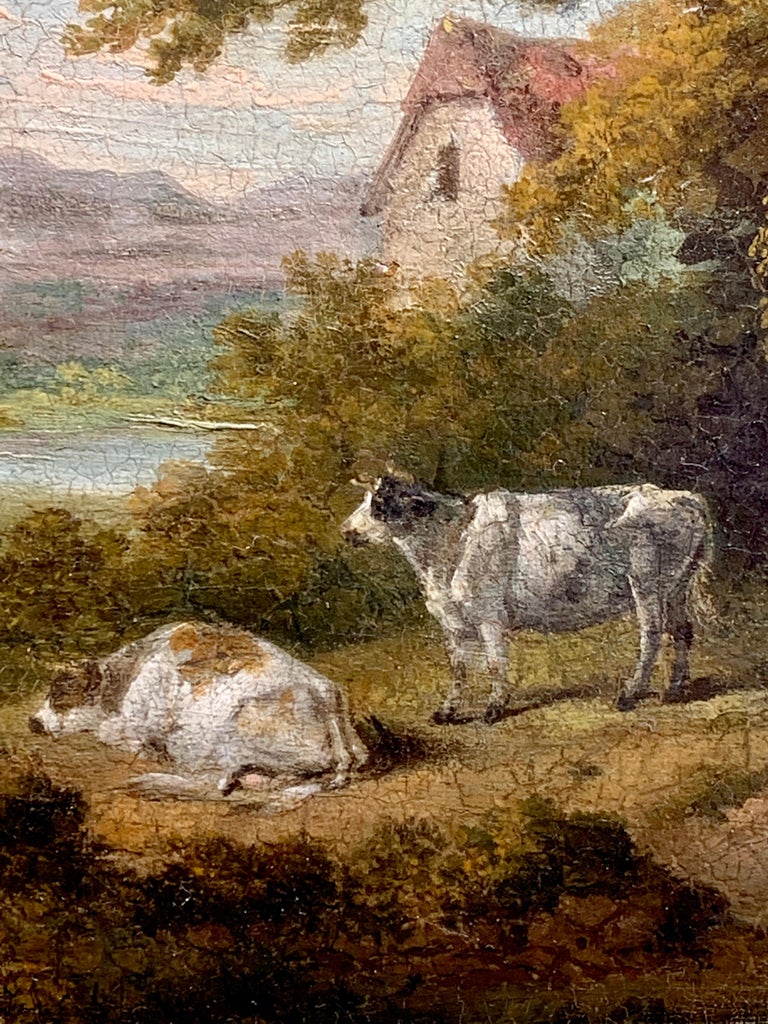 19th century Victorian English Antique landscape with cottage, figure and cows For Sale 1