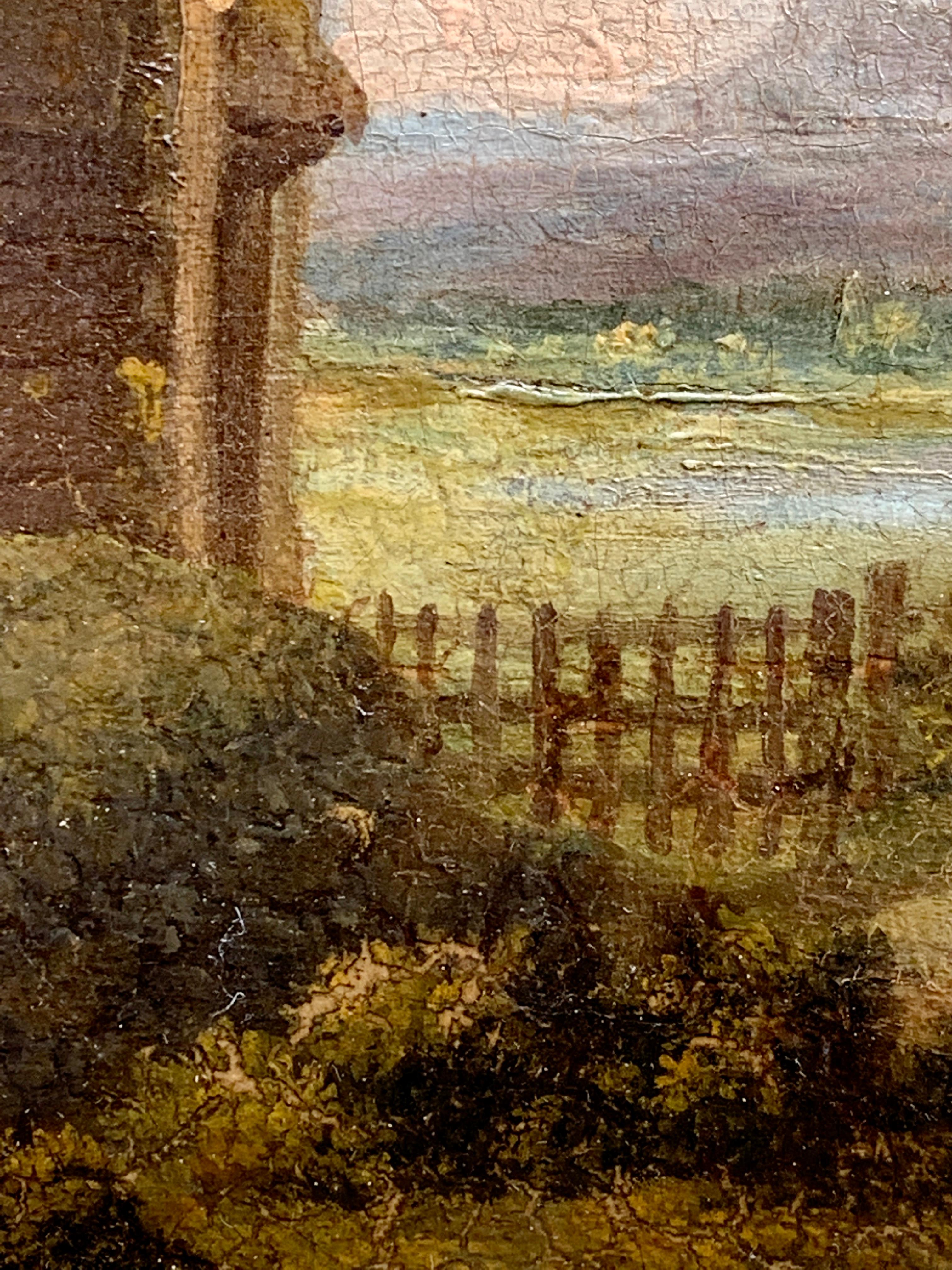 Paysage antique anglais victorien du 19ème siècle avec cottage, personnage et vaches en vente 2