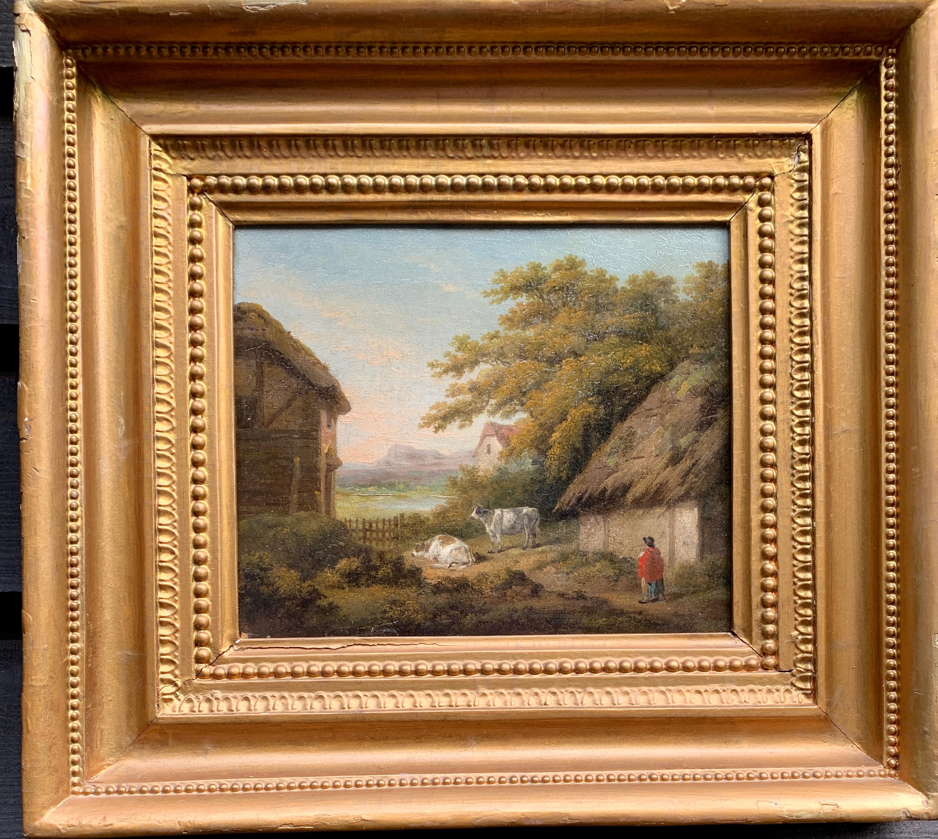 19th century Victorian English Antique landscape with cottage, figure and cows